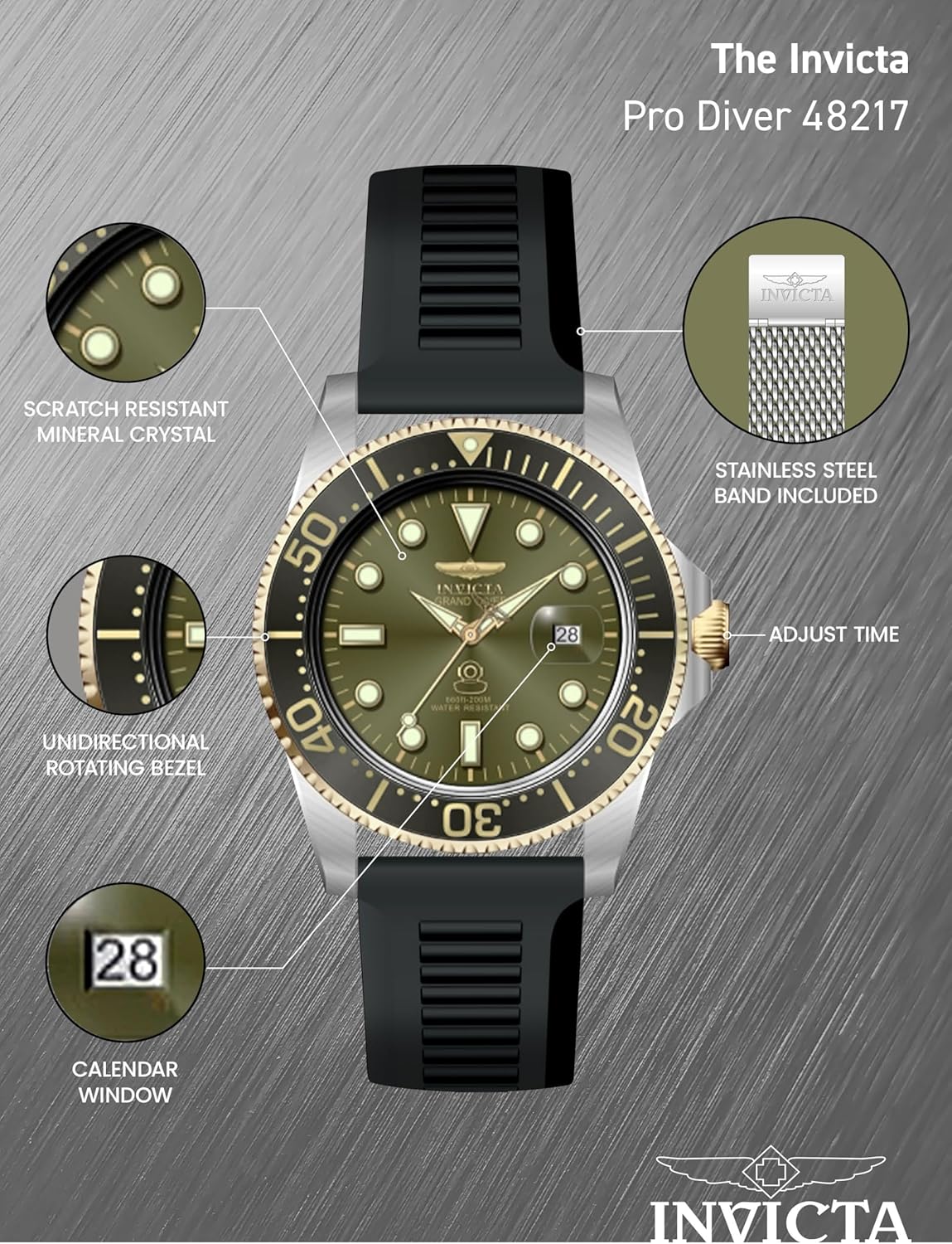Invicta Pro Diver Men 42mm Stainless Steel Gold + Steel Military Green dial PC32 Quartz