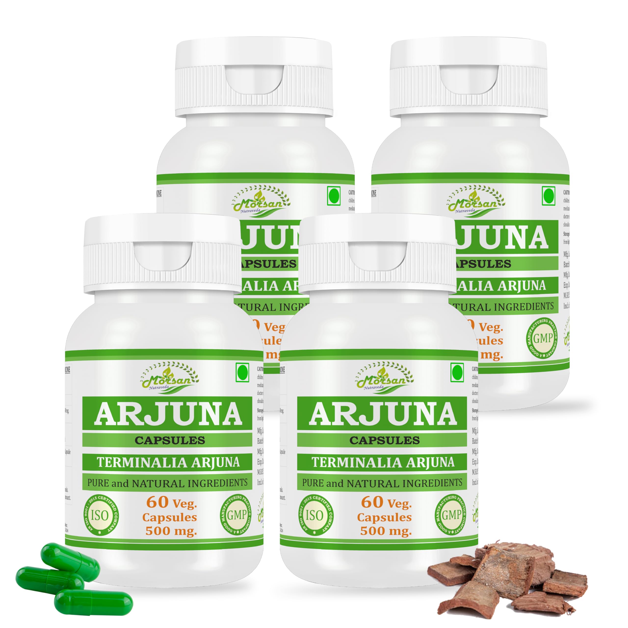 Arjuna (Terminalia Arjuna) Capsules | 500 mg. - 10:1 Potent Extract | Ayurvedic Herbal Supplement | 60 Vegan Capsules for Men & Women (Pack of 4 Bottles)
