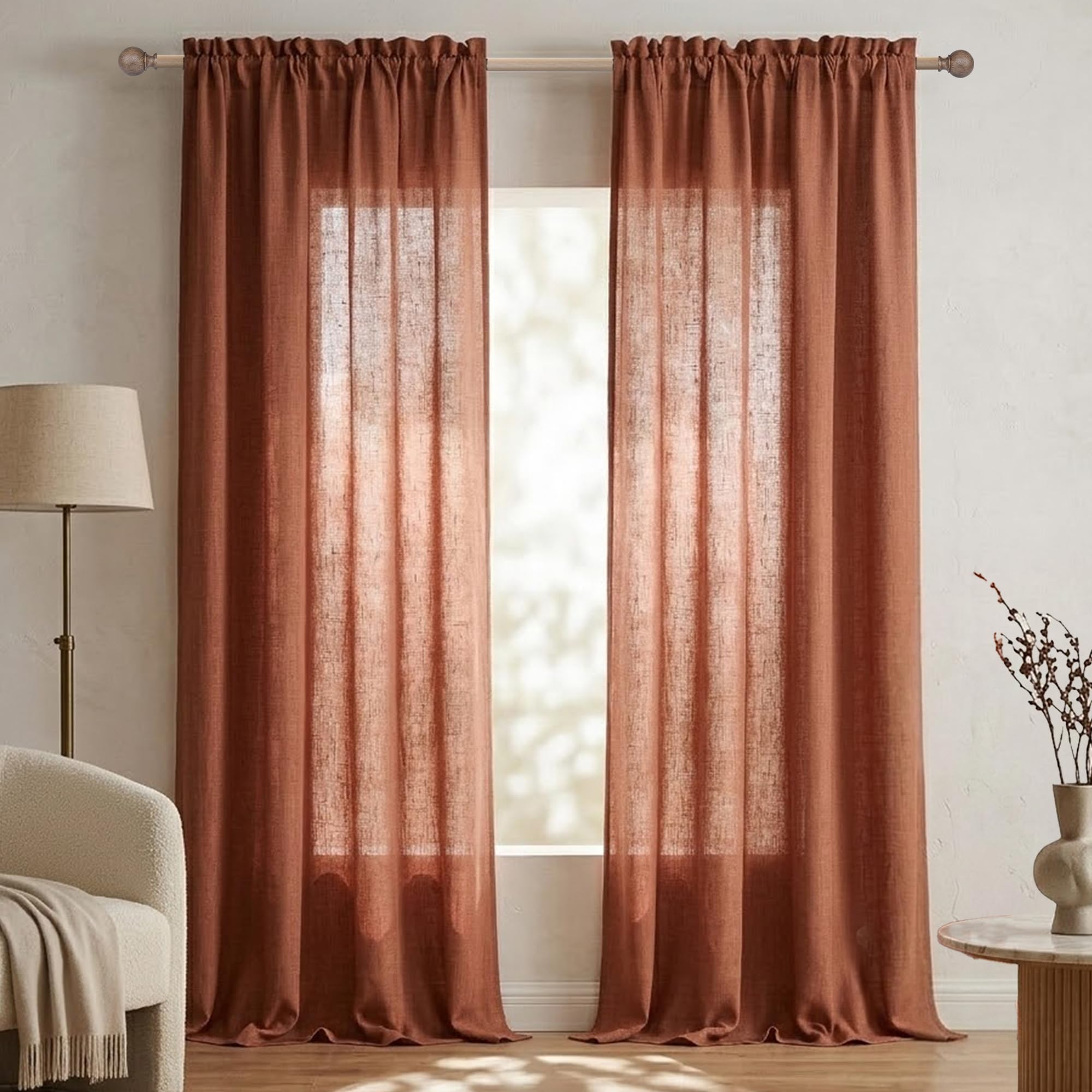 Mrs.Naturall Terrakotta-Leinenvorhänge, 259 cm lang für Wohnzimmer & Schlafzimmer, 2-teiliges Set mit Stangendurchzug, lichtdurchlässig, halbtransparent, in Rost-Orange, Western-Dekor, 132 x 259 cm