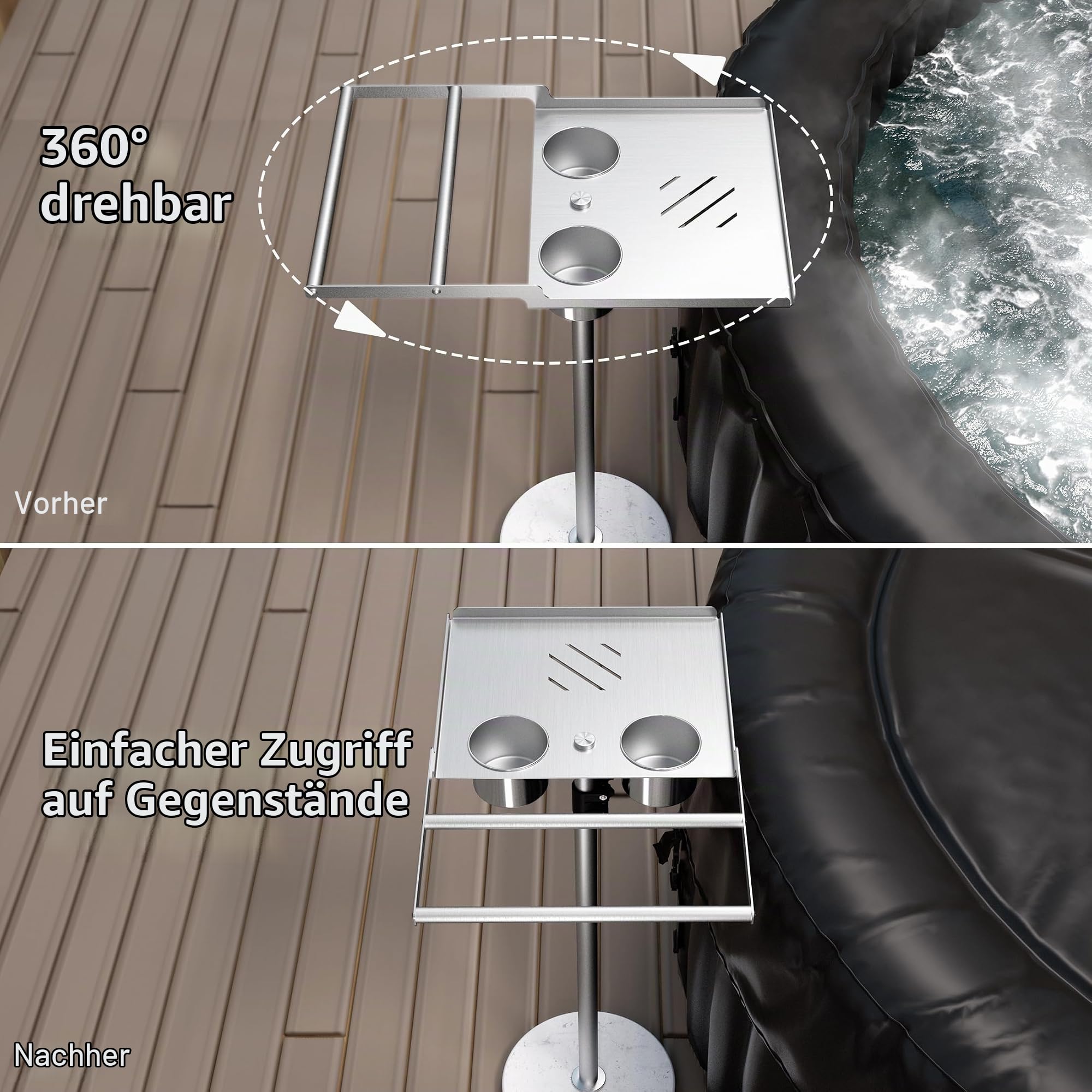 KES Handtuchhalter Outdoor für Whirlpool, Höhenverstellbar Handtuchständer Edelstahl mit 2 Getränkehaltern 360° Drehbar Pool Handtuchhalter Stehend Marmor, Passend für Spa/Pool Gebürstet, OTR201-2