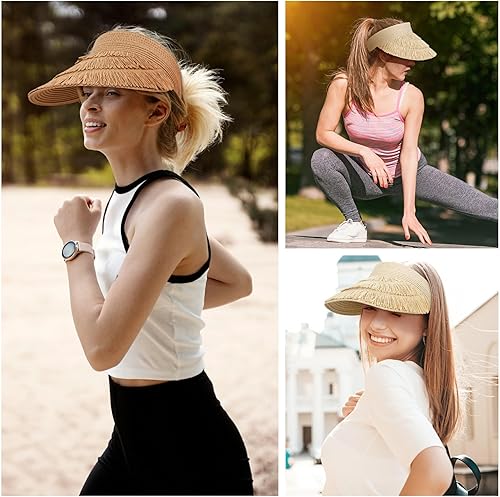 Miniatura 4 de Sombrero de paja con protección UV, visera de playa, sombrero de ala ancha, estampado de leopardo, enrollable, plegable para mujer