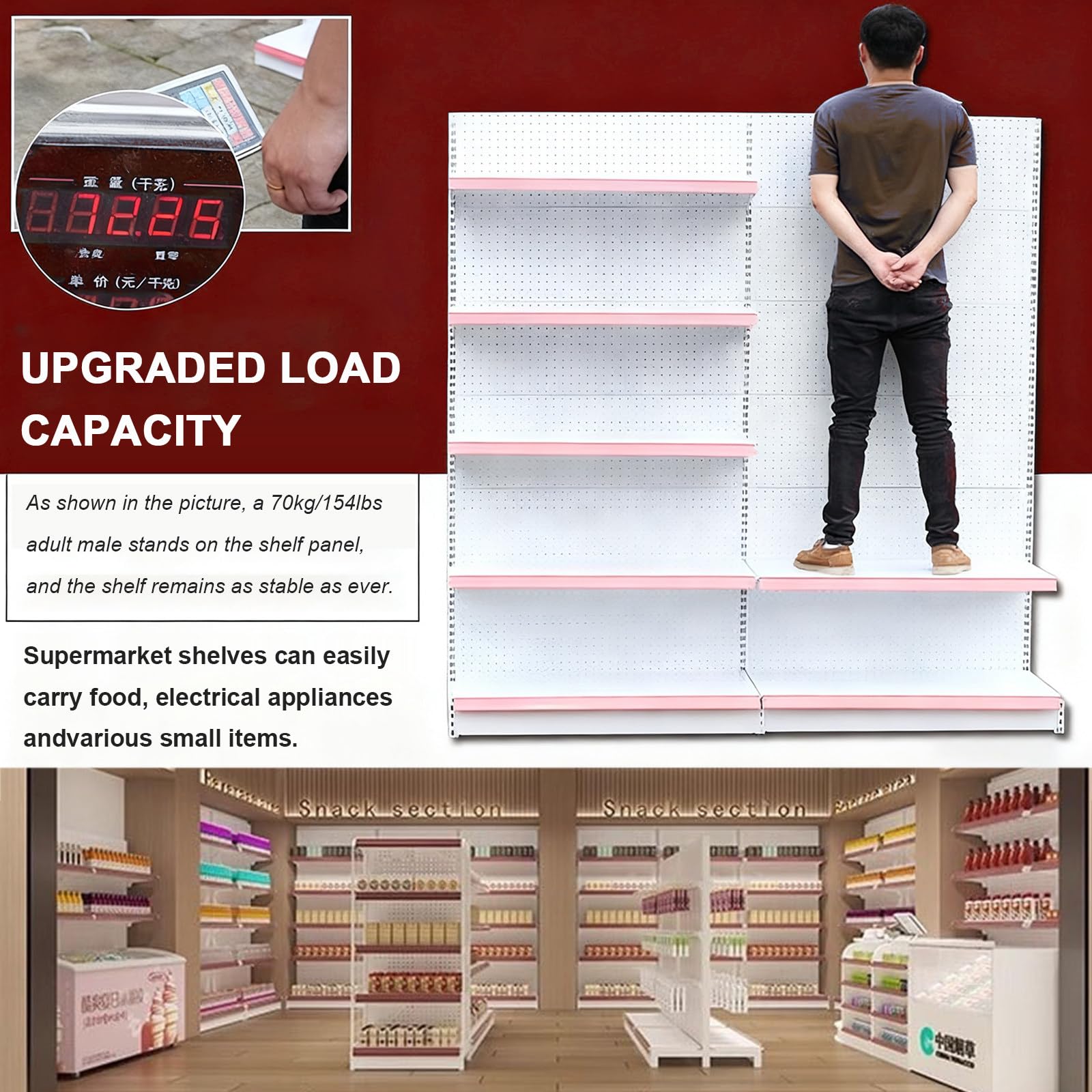 Scaffalatura da Parete per Negozi Gondola con 5 Ripiani su Un Lato, per Negozi di Alimentari, supermercati, scaffali per supermercati Resistenti per esposizioni durevoli 123×43×195cm