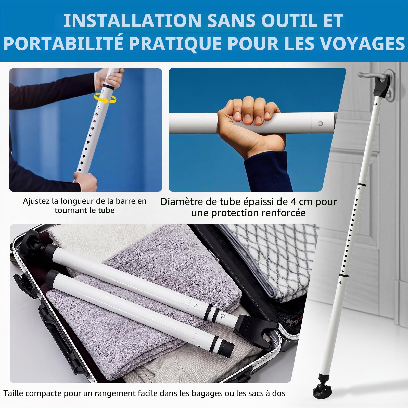 Barre de Sécurité pour Portes Coulissantes, Bloque-Porte de Sécurité Réglable pour Maison & Voyage, Securite Porte d'entrée avec Base Anti-Dérapante, Protection Anti-effraction (58-120)