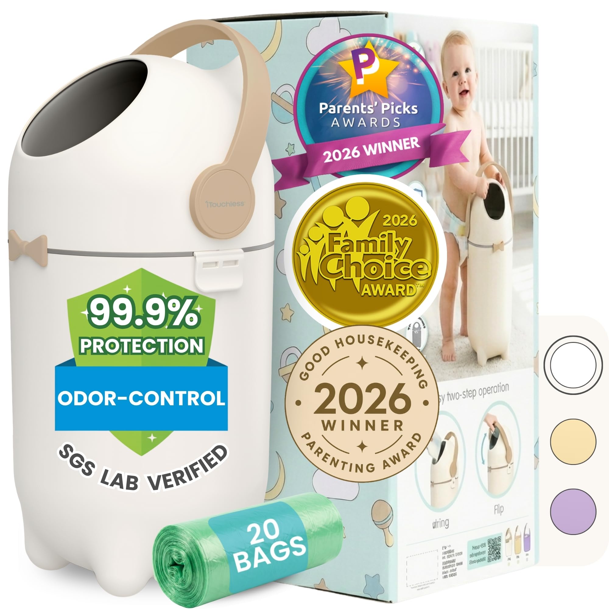 Award-Winning iTouchless Diaper Pail – Silver Ion Odor-Lock, Drop-Flip Lid – No Special Bags Needed – Airtight & Child-Safe – 20 Free Bags (Holds 300 Diapers) – Baby Registry Must-Have – Boho Ivory-image-23