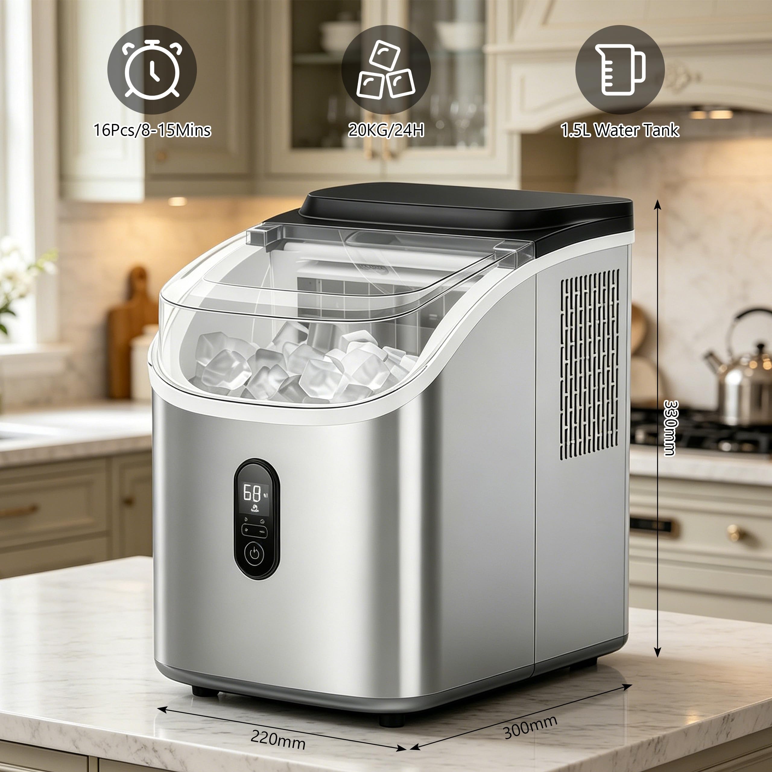 Macchina per cubetti di ghiaccio, autoadescante con display LCD, 20 kg/24 h, autopulente, in acciaio inox, spessore del ghiaccio regolabile 8-15 minuti, per casa, campeggio, ufficio
