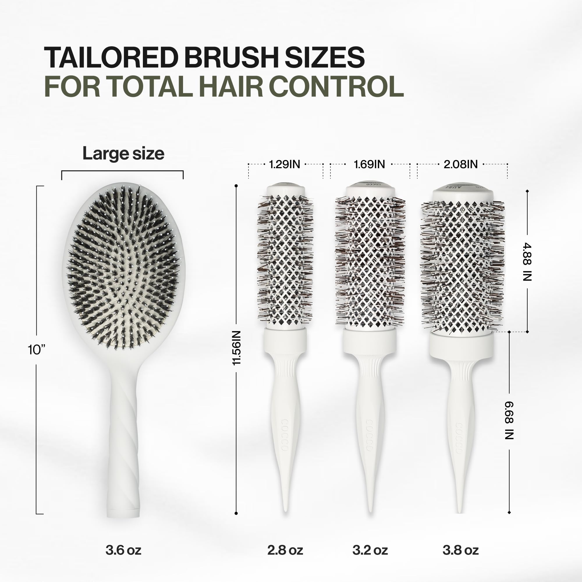 Cocco Aura Brush Set Blanco 4pz - set de cepillos | Paleta de cerámica, secado y control de encrespamiento, cerdas de turmalina, agarre ergonómico, juego completo de estilo