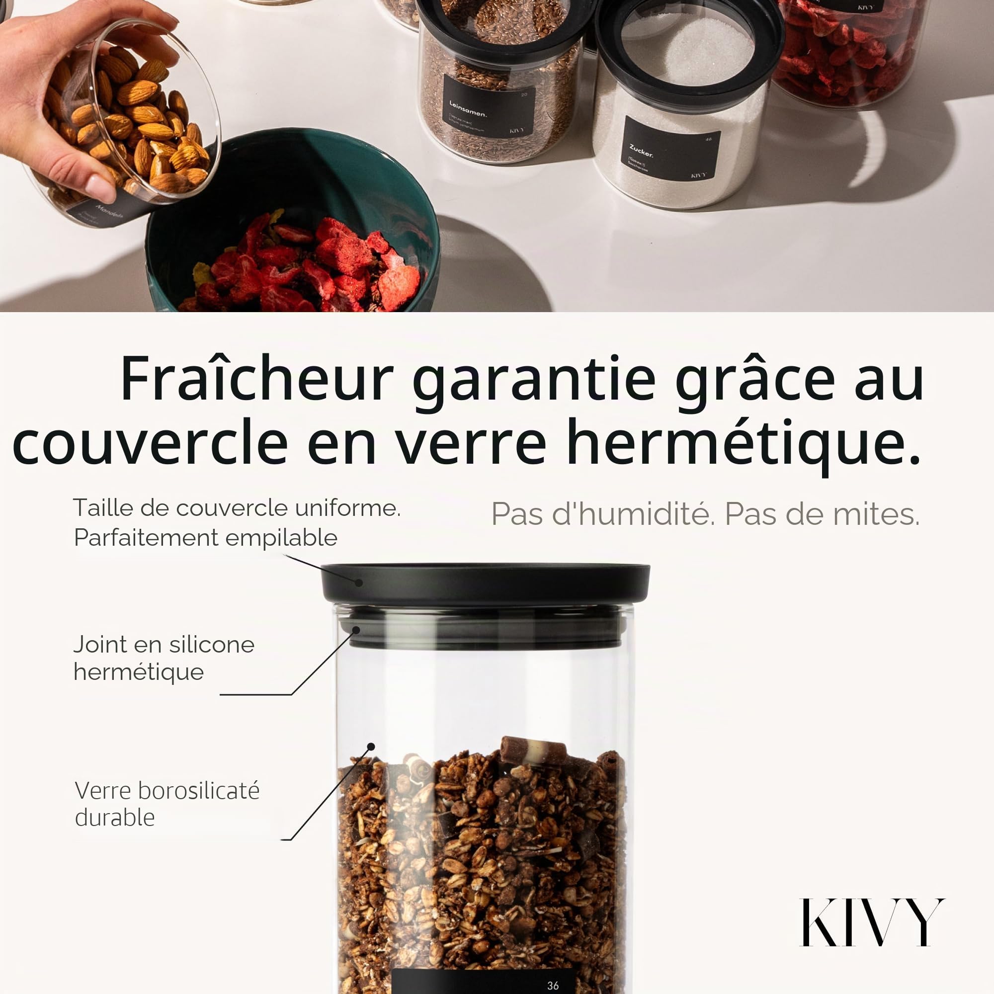 KIVY Lot de 6 petits bocaux de conservation en verre transparent - 350 ml - Boîtes à épices hermétiques empilables - Récipients à épices en verre - Tiroir à épices