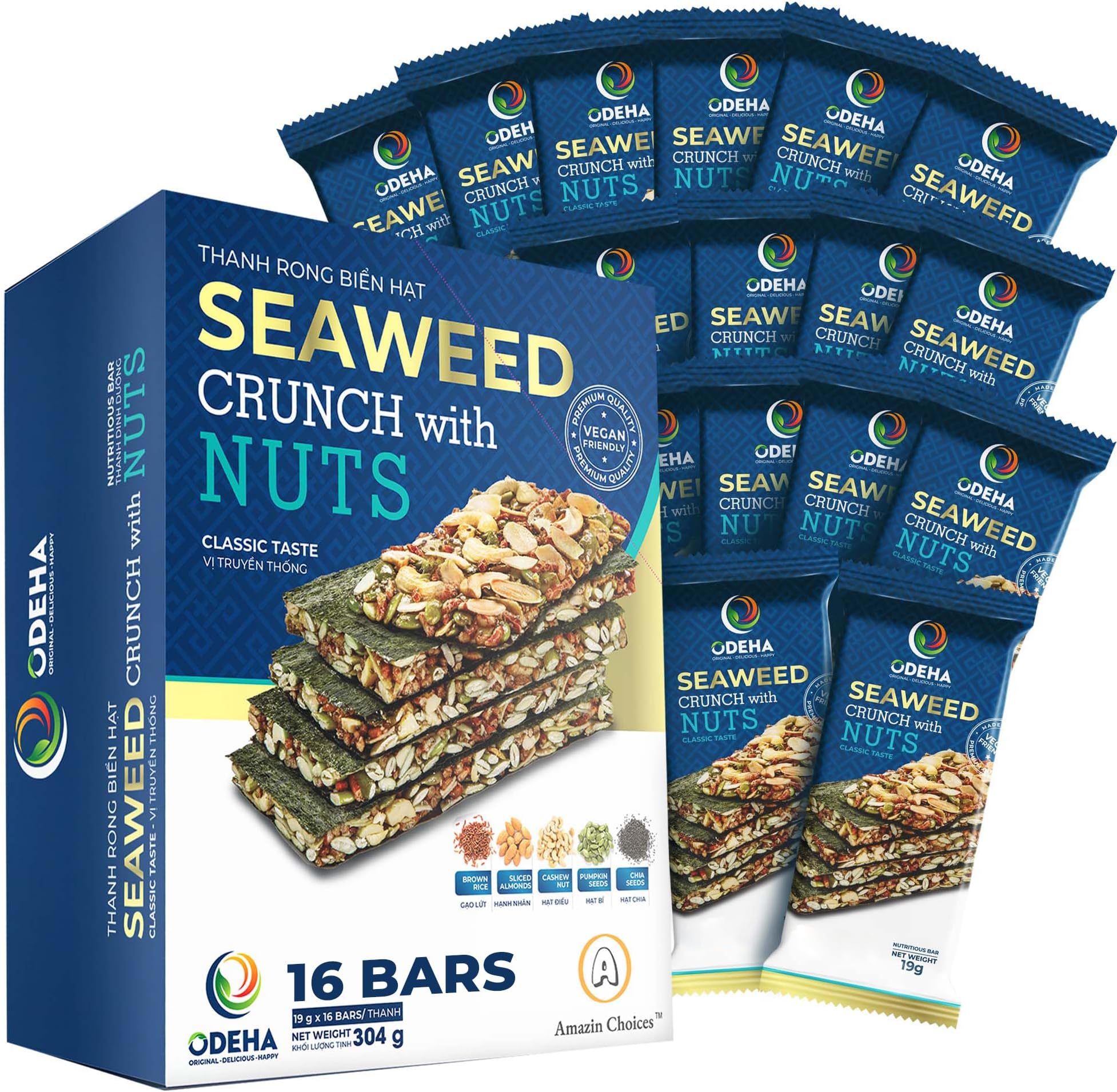 Seaweed Crunch with Nuts Classic Taste– Amazin Choices Vegan Snack Bars with Cashews, Almonds & Pumpkin Seeds – Premium Asian Chips – Seaweed Sheets – Sandwich Seaweed – Variety Pack