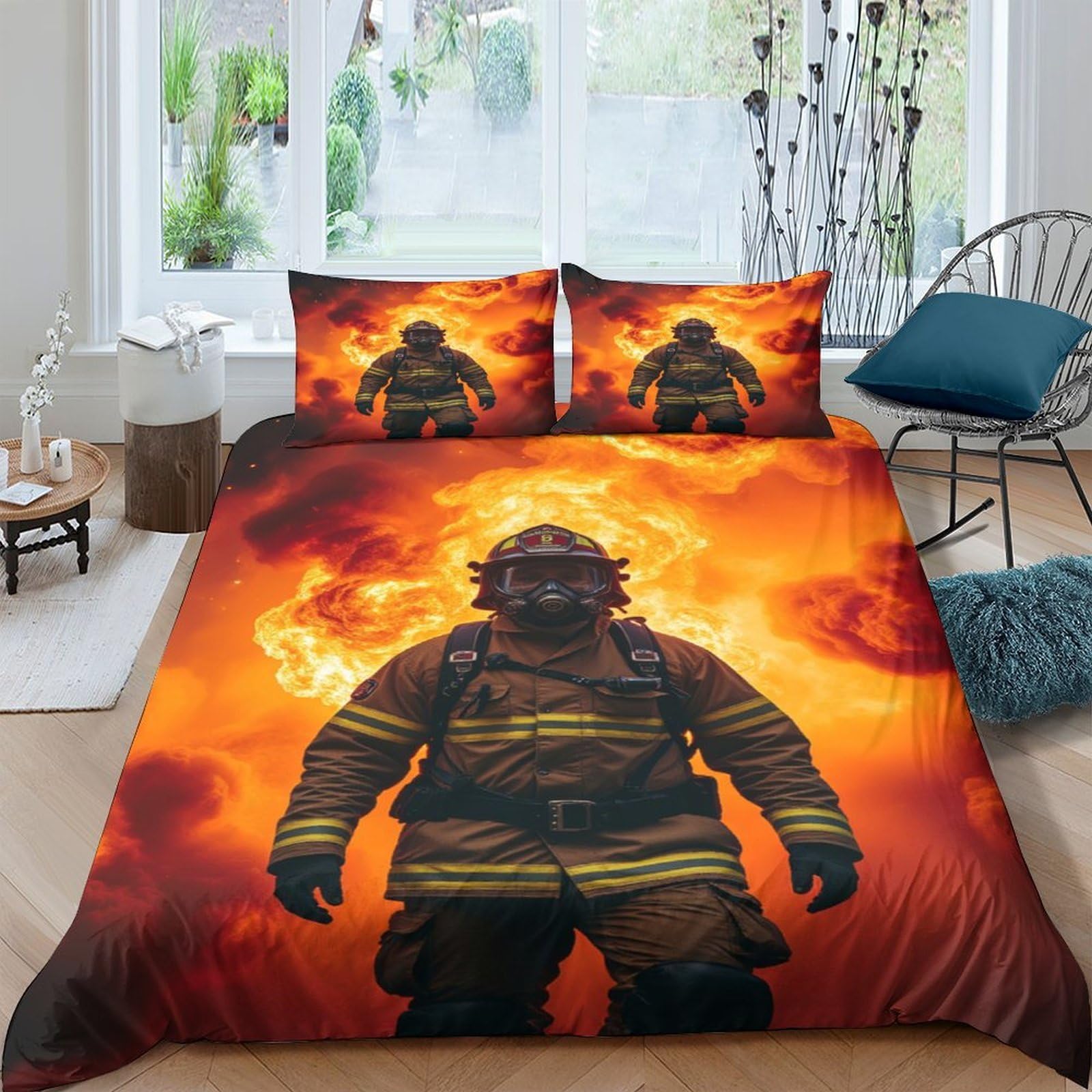 Ctjqhvkz Style-7 3D Printed Firefighter Flame Fitted Sheet Microfiber Soft Non-Slip Bed Cover For Bedroom Dorm Mattress Decor Single（135X200cm）
