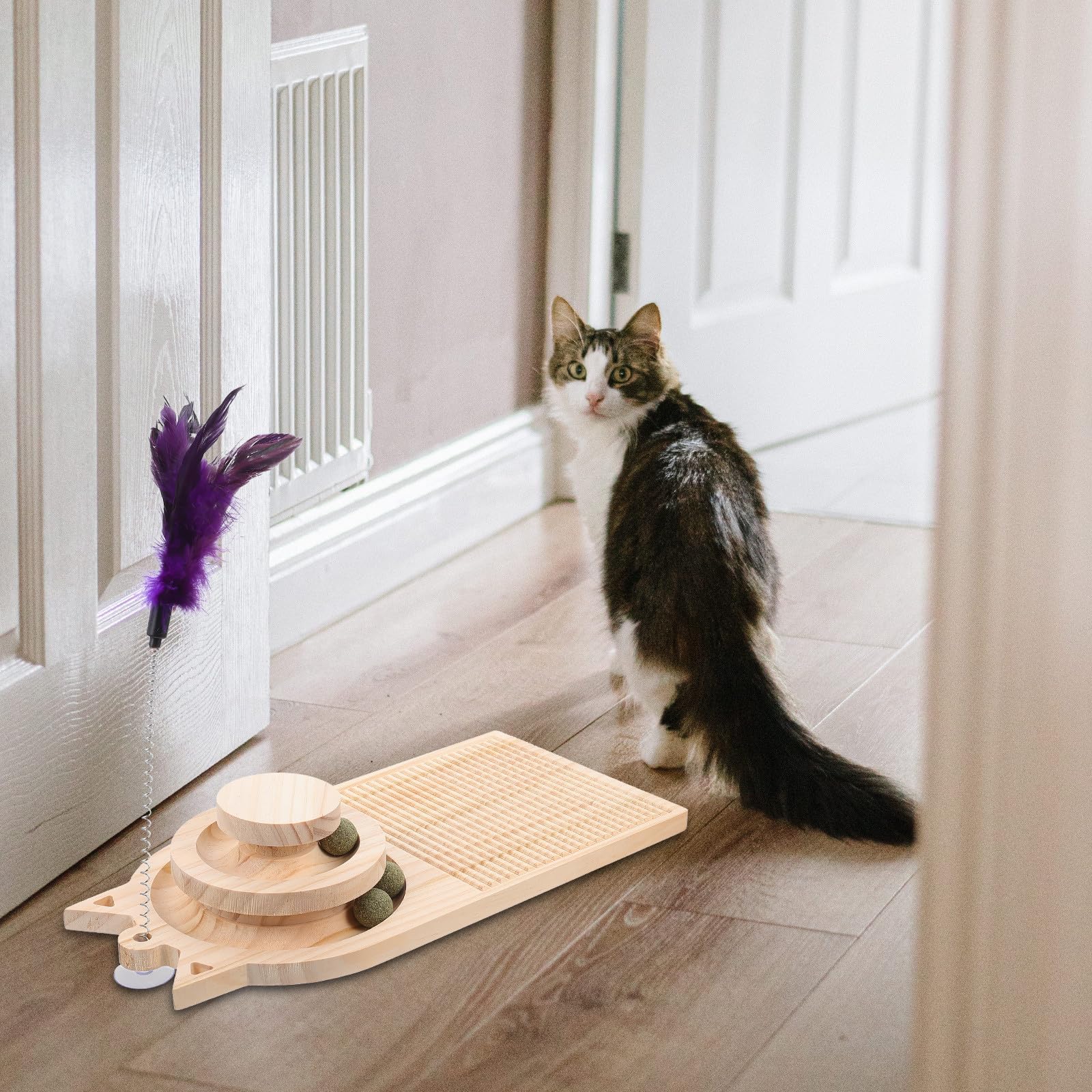 Abaodam Interaktives Katzenspielzeug mit 2 lagigem Drehteller und Trackball Robustes Katzenkratzbrett für Kätzchen und Erwachsene Katzen zur Beschäftigung Zufällige Farbe