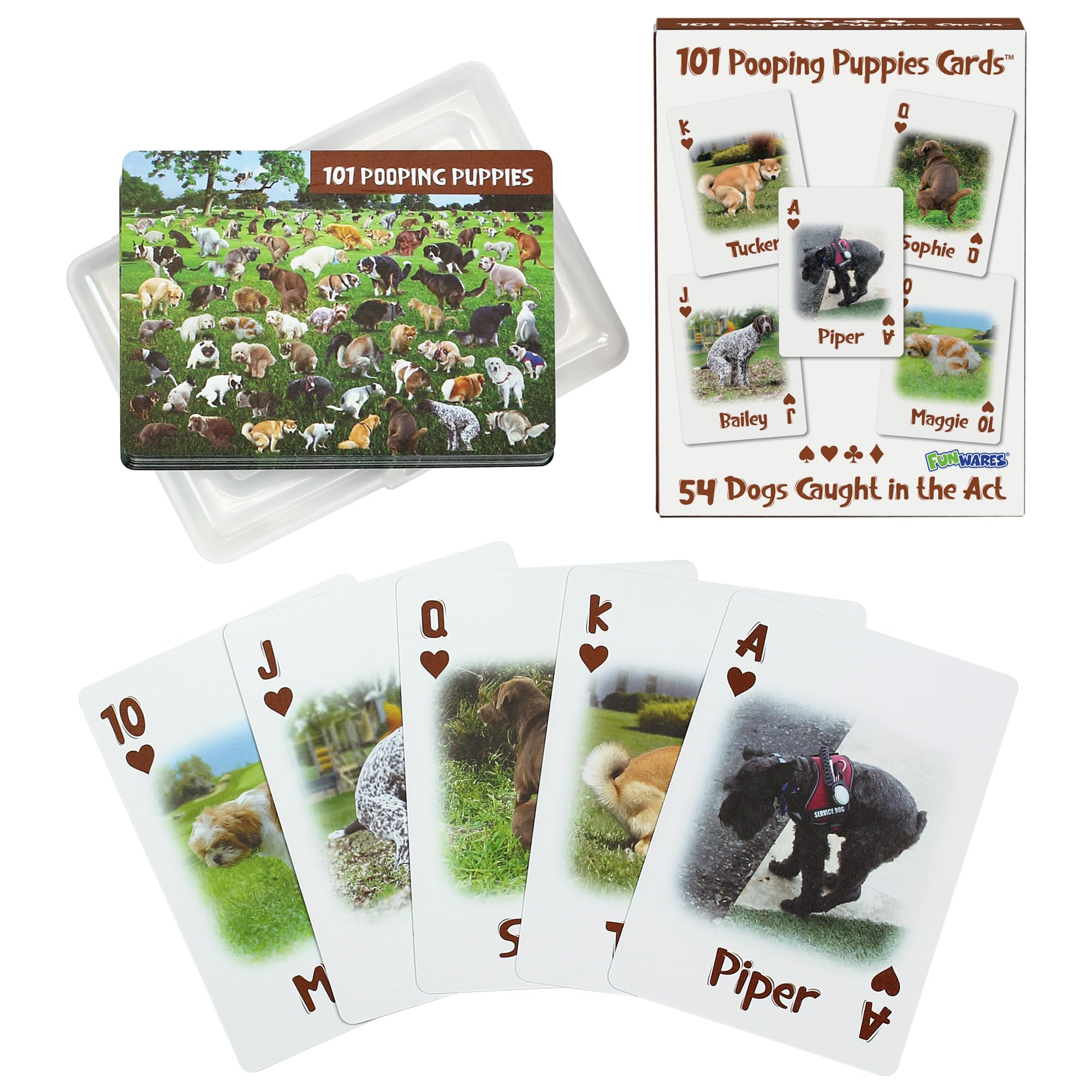 Funwares Ace of Poops - Hilarious Waterproof Card Deck with 54 Unique Dogs Pooping, Durable Plastic Playing Cards, Perfect for Parties, Family Game Nights, and Gifting, for All Ages