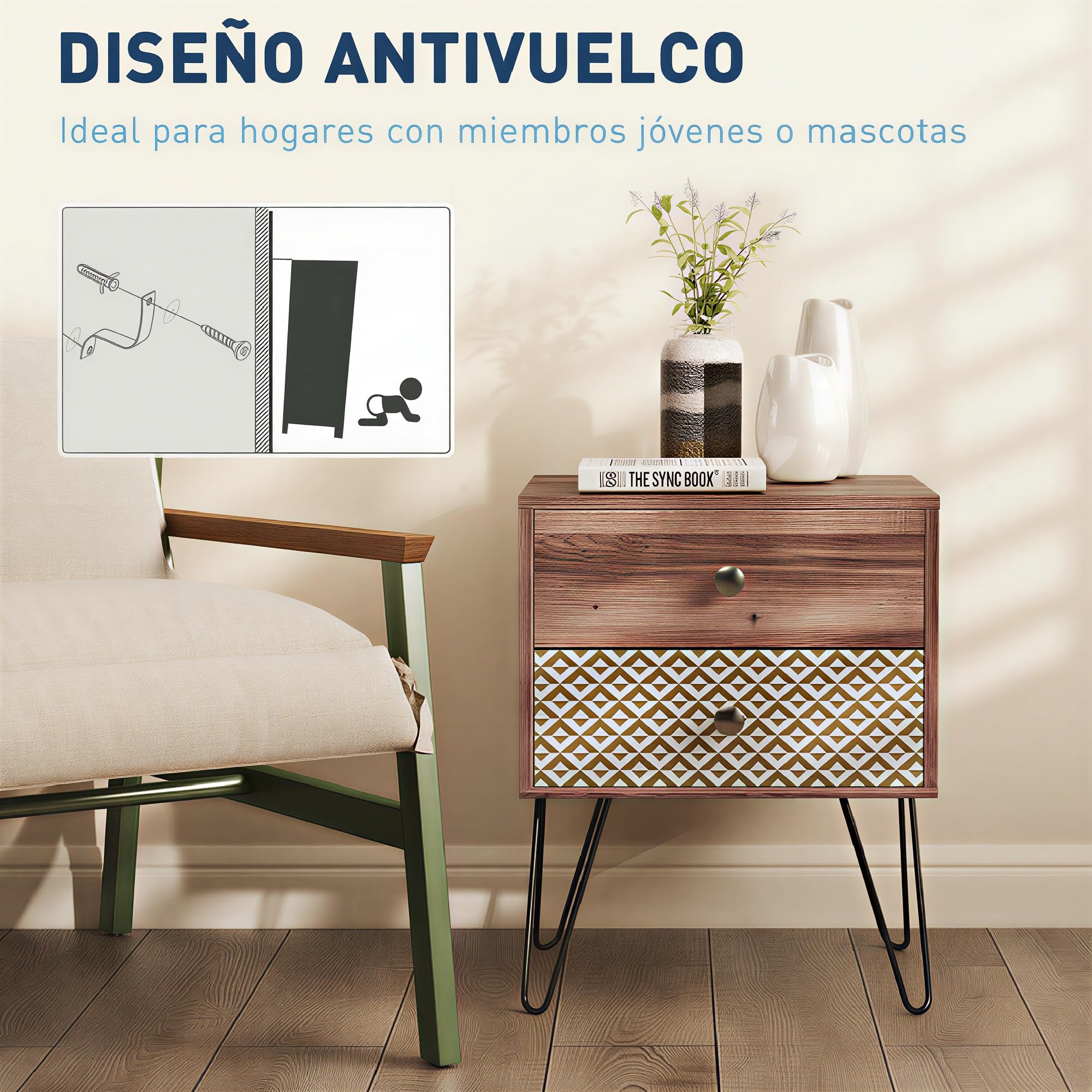 HOMCOM Mesita de Noche con 2 Cajones Mesilla de Noche 45x39x55,5 cm Marrón