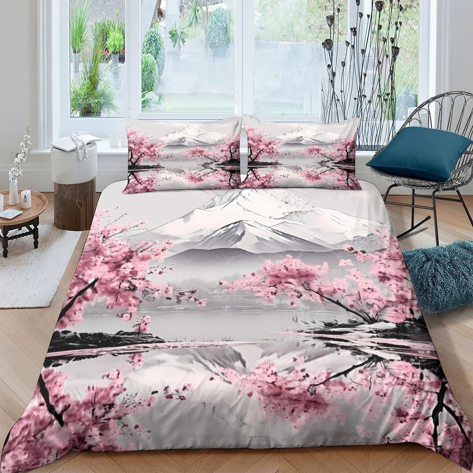 Ctjqhvkz Style-4 3D Printed Sakura Blossom Fitted Sheet Microfiber Breathable Grey Pink Crane Mattress Cover Bedroom Decor Single（135X200cm）