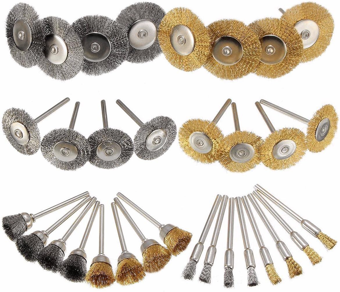 36 Pieces Brass Steel Polishing Rotary Tool Pencil Wire Brush, Wheel and Cup Steel Brushes 1/8" (3mm) Shank for Dremel Buffing Accessories