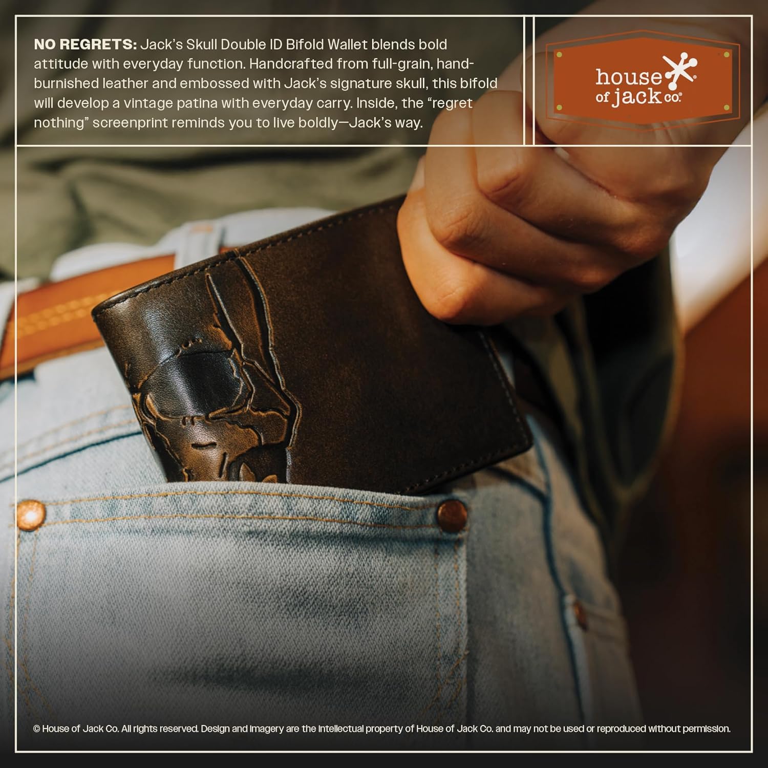 House of Jack Co. Skull Bifold Wallet for Men with Two ID Windows, Full Grain Cowhide Leather Wallet, Black - Image 4