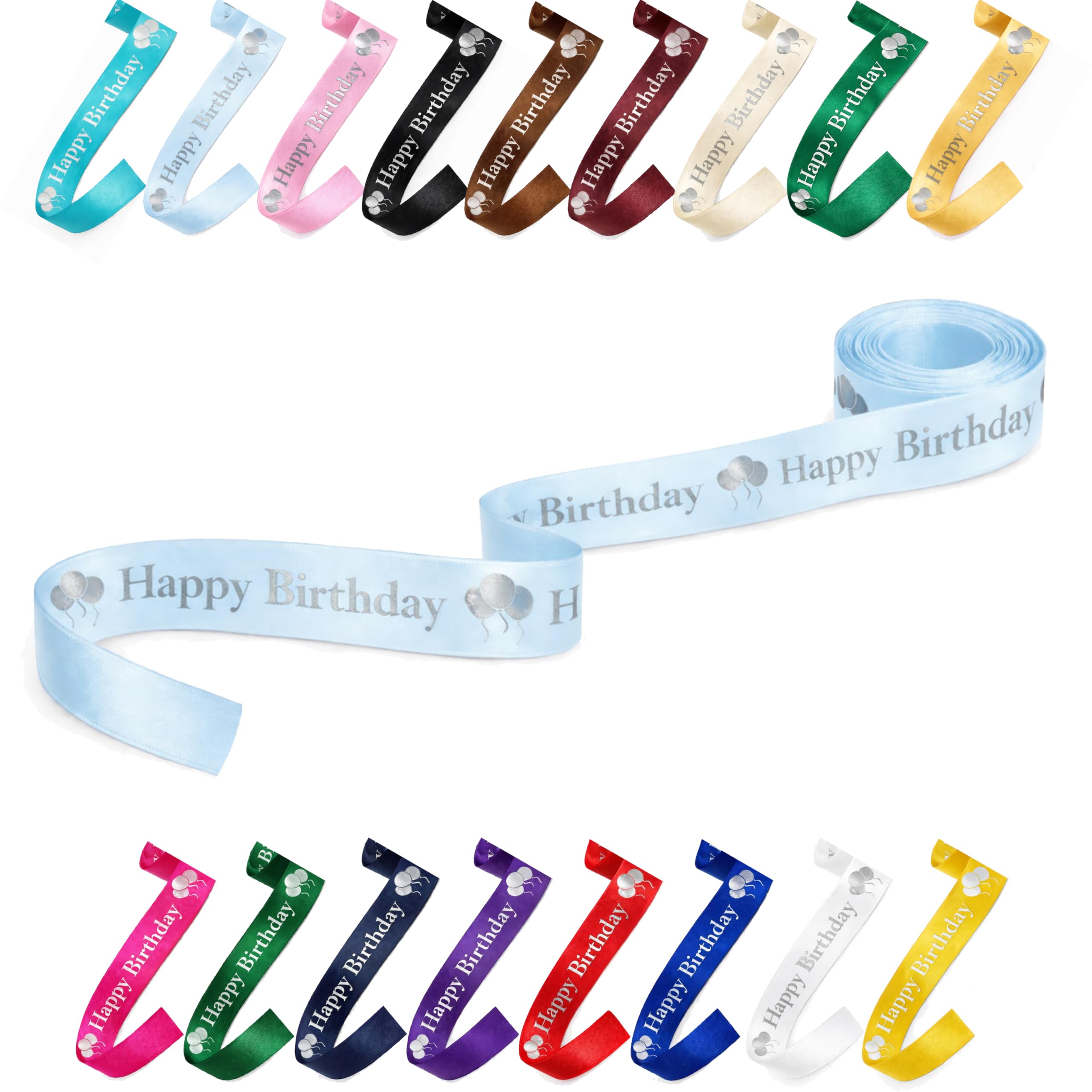 25mm (1") Wide Happy Birthday Luxury, Vibrant Satin Ribbon for Gift Wrapping, Flower Bouquet, Crafts, Balloons, Party Decoration with Metallic Silver Text & Balloon Print (Baby Blue, 10 Metres)