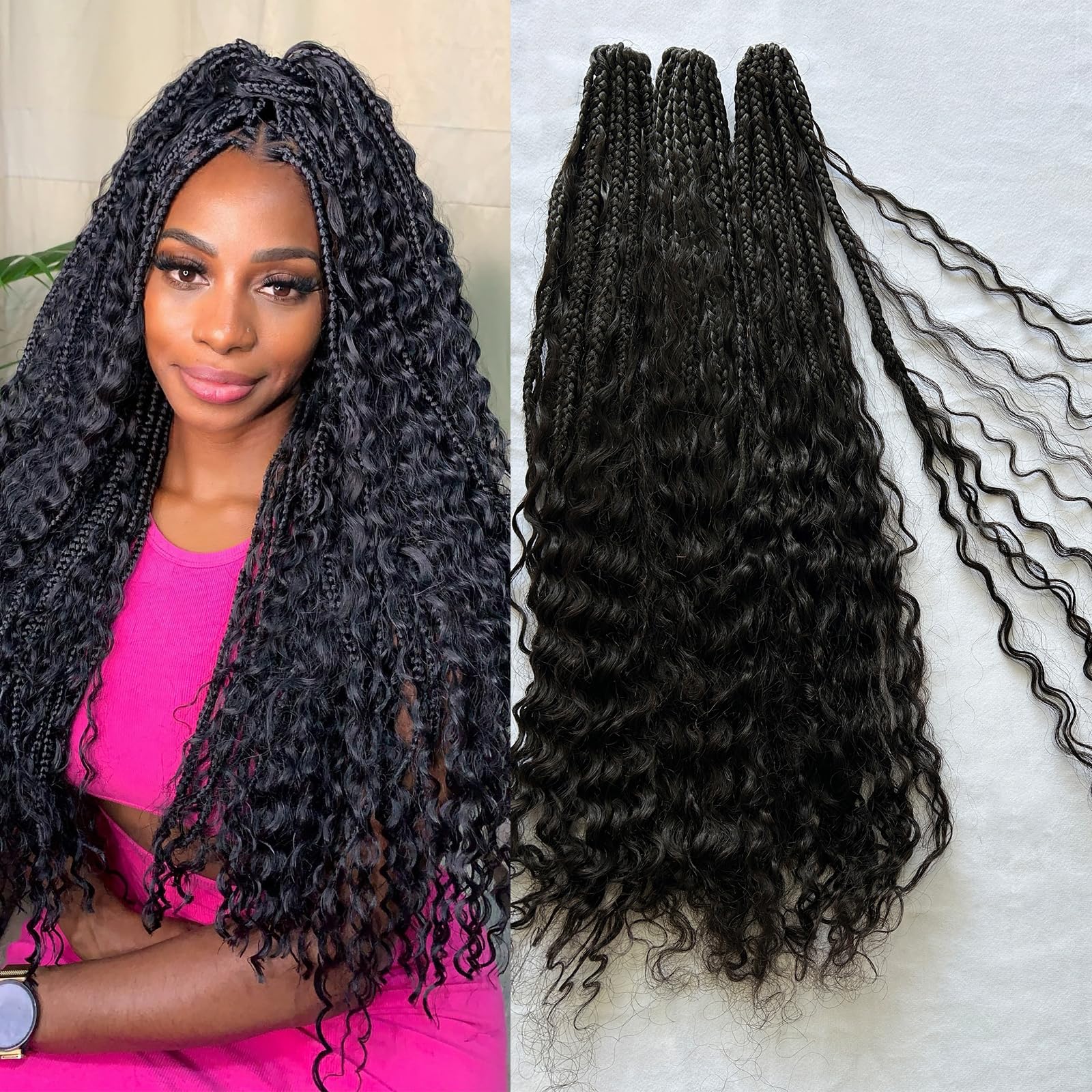 Boho Box Braids Crochet With Human Hair Curls Synthetic Braiding Pre-looped Goddess Hair Extensions Boho Knotless Braids for Women 30 Inch 40Strands