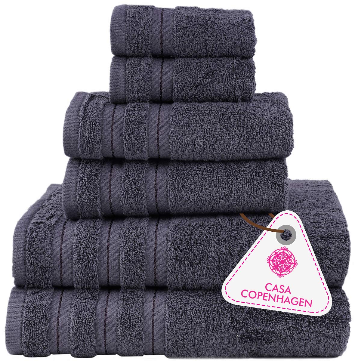 CASA COPENHAGENBella 6 Pieces Towel Set- Pinstripe Grey, 600 GSM 2 Bath Towel 2 Hand Towel 2 Washcloth, Designed in Denmark Made of Soft Egyptian Cotton for Bathroom, Kitchen & Shower