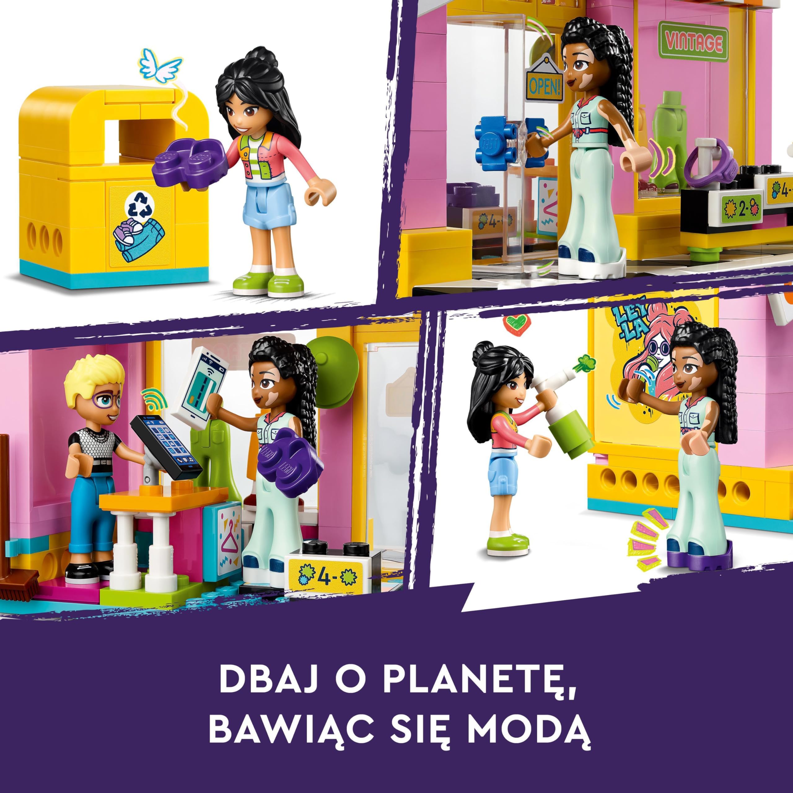 LEGO Friends Sklep z używaną odzieżą, Zabawkowy Sklep do Zbudowania z Ubraniami dla Dziewczynki i Chłopca, z Minilaleczkami i Figurką Kota, Kreatywna Zabawka dla Dziecka, Prezent dla 6-latki, 42614