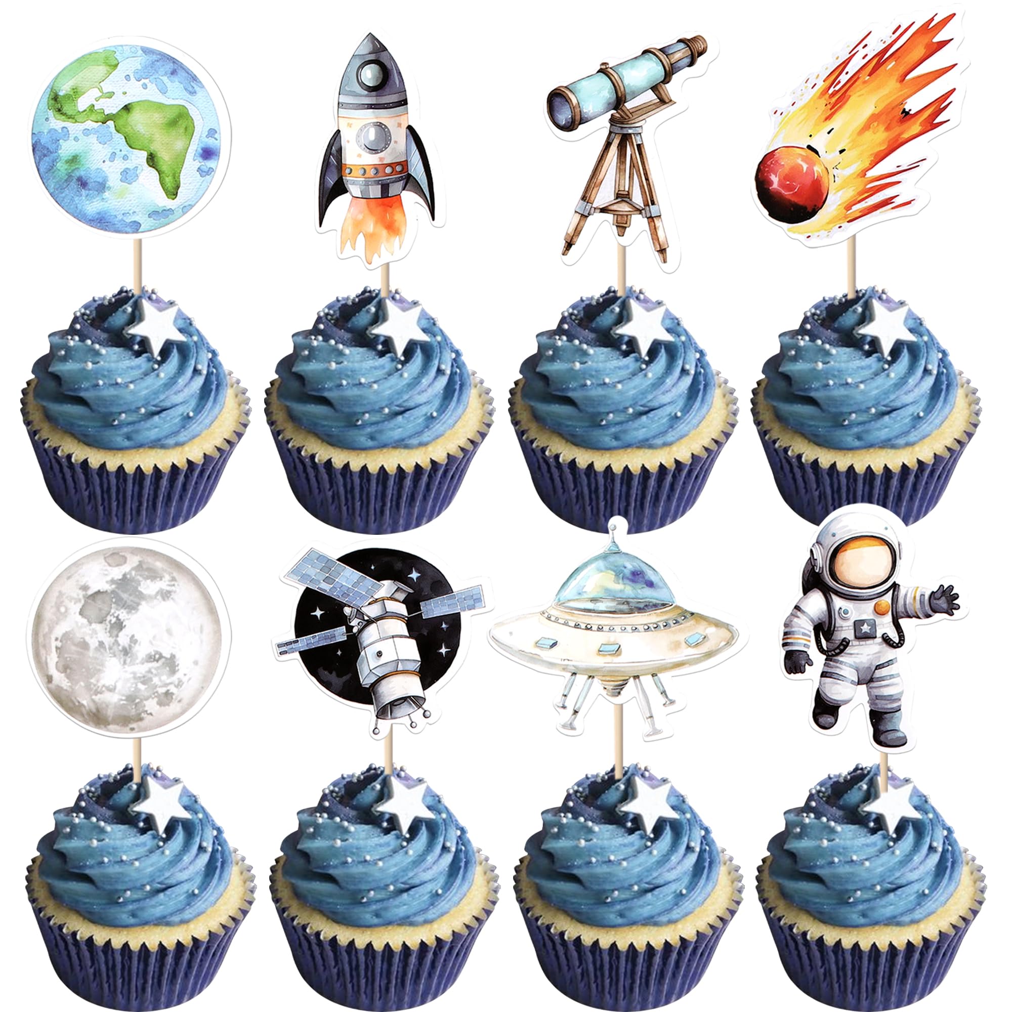24 Stuks Ruimte Cupcake Topper, Planeet, Ster, Raket, Maan En Alien Taart Decoraties Voor Ruimte Thema Partij