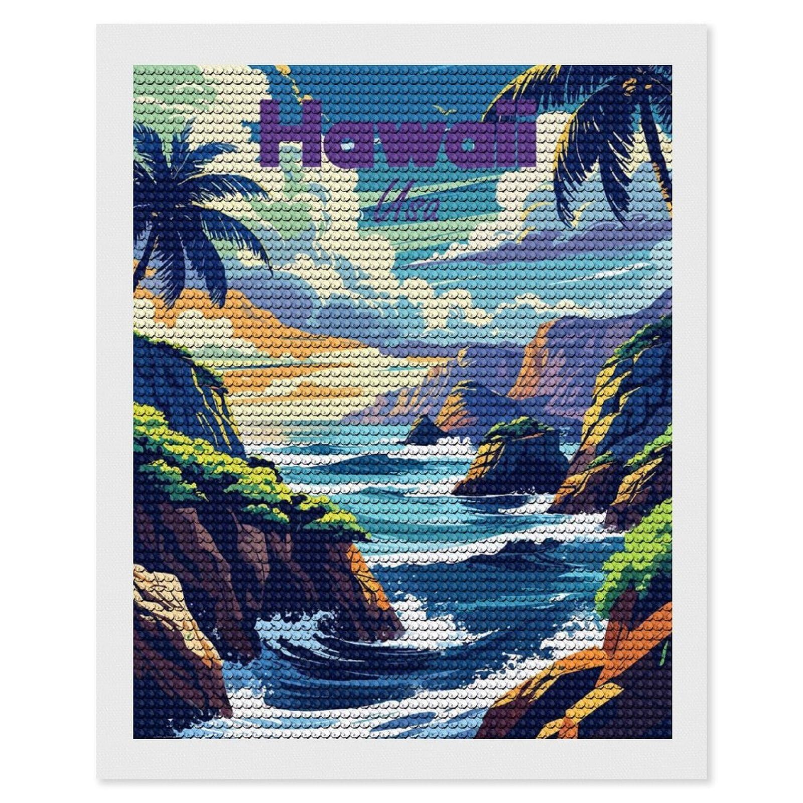 Junmoney Hawaii USA Coastal Landscape Art DIY Diamond Art Canvas Kit 16"x20", Winter Craft, Mindful Craft Project, Aesthetic Room Decor, Decor Project