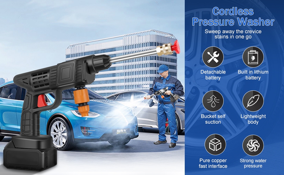 Idropulitrice Portatile A Batteria - Pistola Wireless Con 2 Batterie, Ugello 6 In 1 Per Auto, Giardino E Casa