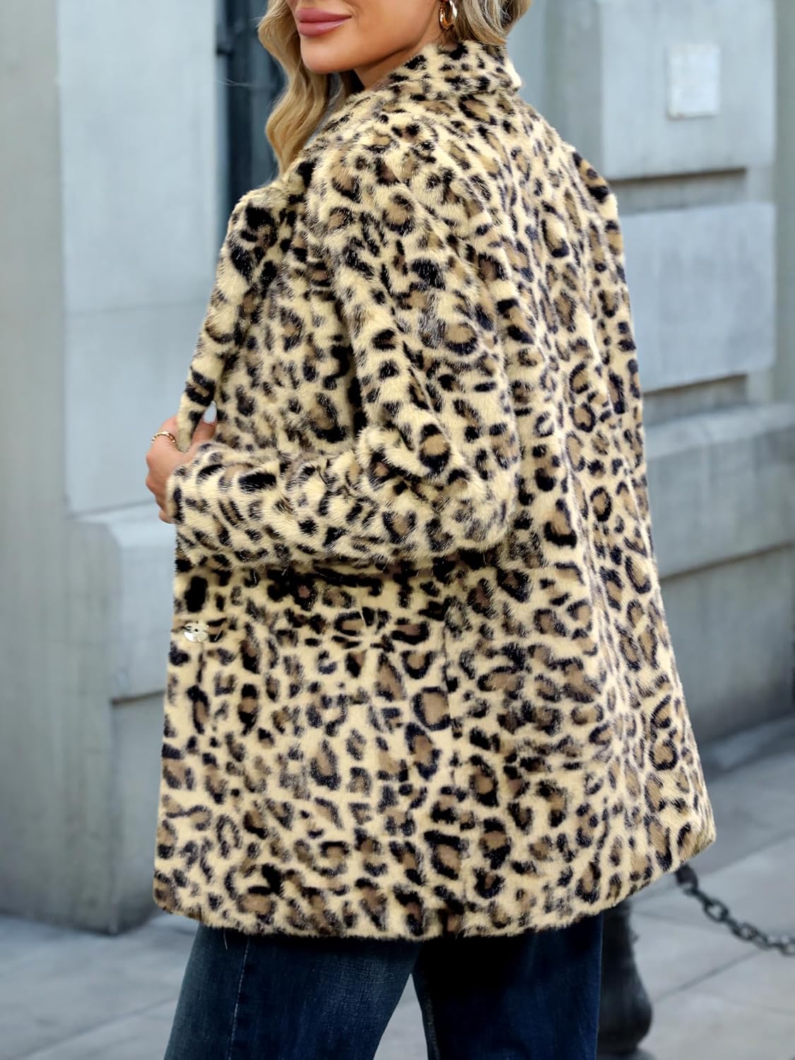 ELLEVEN Women’s Faux Fur Leopard Coat Long Winter Coats, Autumn Notch Lapel Jackets with Pockets - Image 2