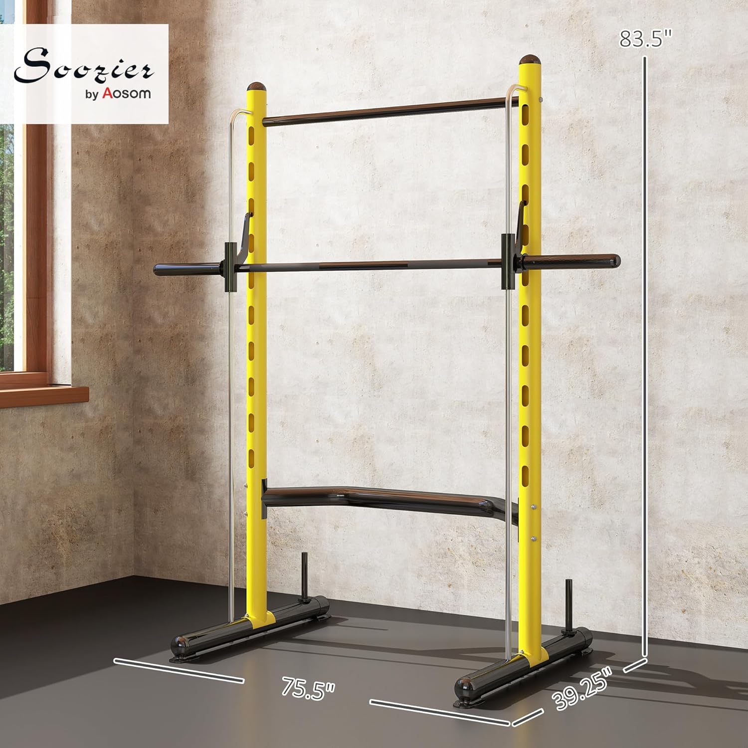 Soozier Squat Rack with Pull-Up Bar, Adjustable Power Rack with Barbell Bar, Multi-Functional Steel Bench Press Rack for Home Gym Strength Training, Black