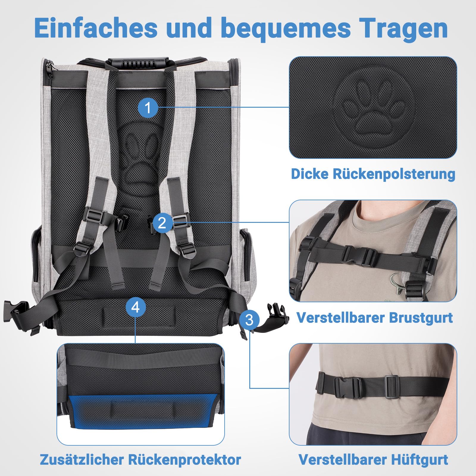 Katzenrucksack Große Katzen bis zu 15kg, Hunderucksack bis zu 12kg, Katzen Rucksack Groß für Katzen und Kleine Hunde Faltbare Haustier Rucksack mit belüftetem Design, Grau