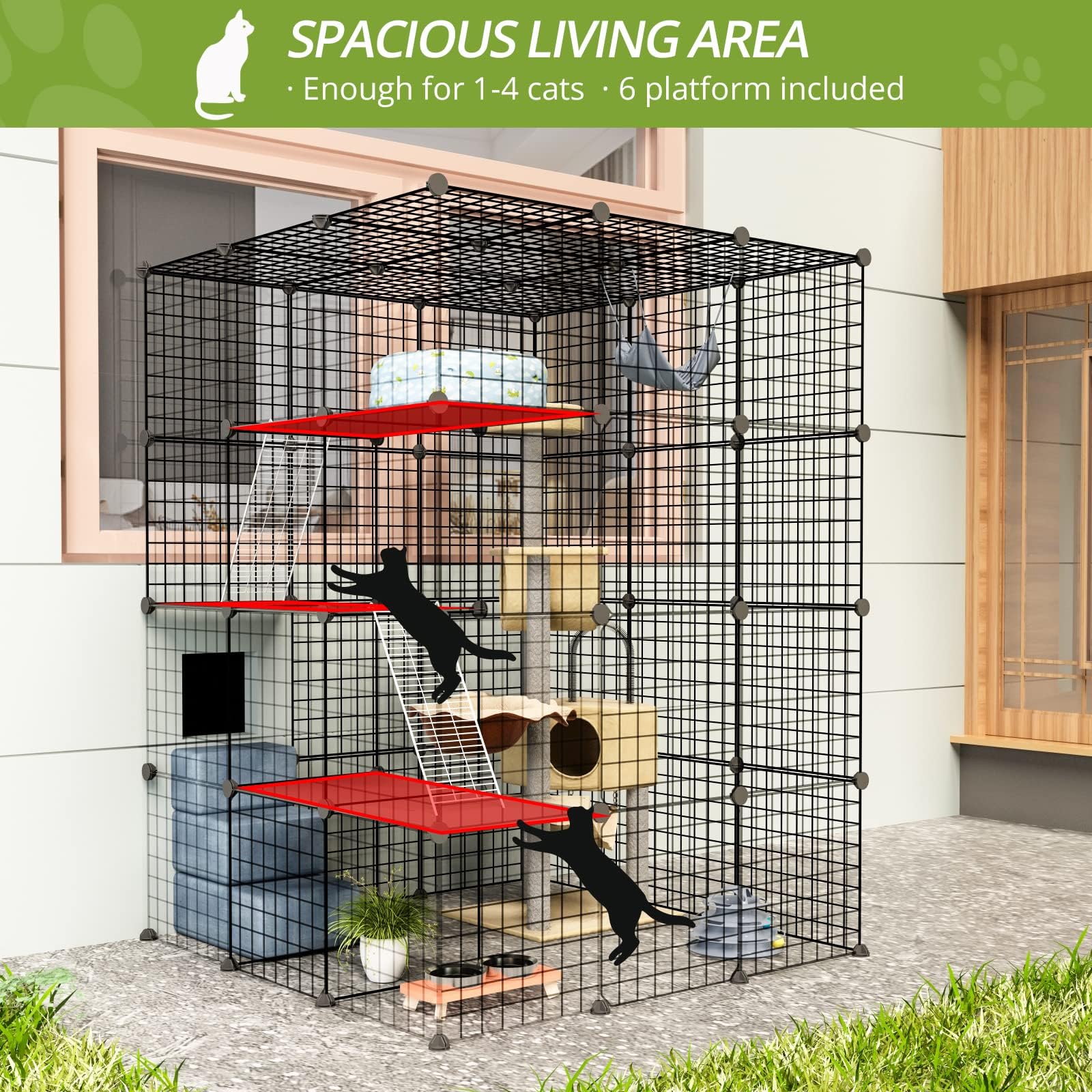 Oneluck Jaulas para gatos al aire libre con puerta de entrada súper grande, 41 pulgadas de largo x 41 pulgadas de ancho x 55 pulgadas de alto, corralito para gatos con plataformas, caja de casetas de