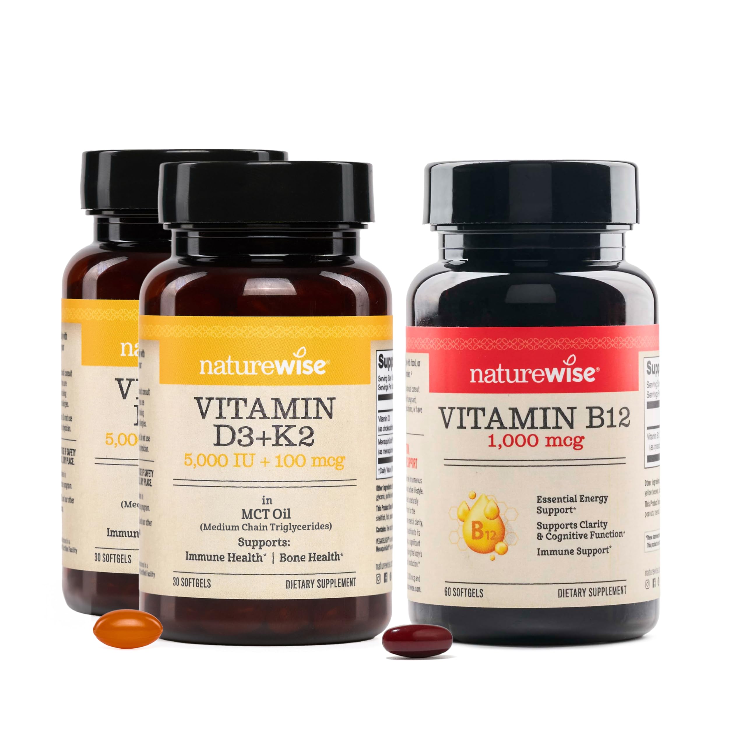 NatureWise (Pack of 2 Vegan Vitamin D3 5000IU + K2 - Organic Coconut MCT Oil - 30 Softgels[30-Day Supply] + [1] Vitamin B12 1000 mcg - Gluten-Free, Non-GMO - 60