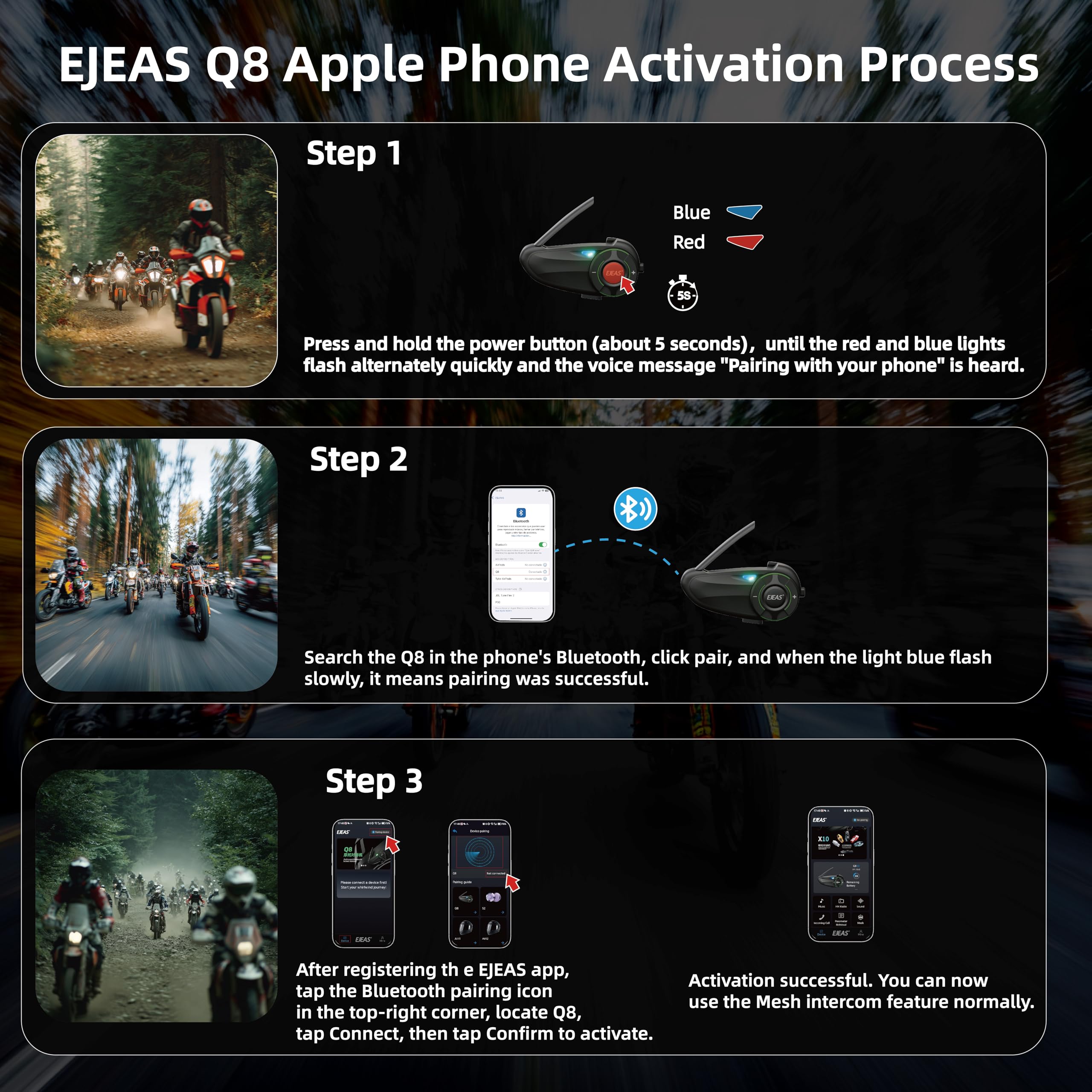 EJEAS Q8 - Cuffie interfono Bluetooth 5.1 per moto, con condivisione della musica e riduzione del rumore CVC, per 6 ciclisti in rete, confezione da 2