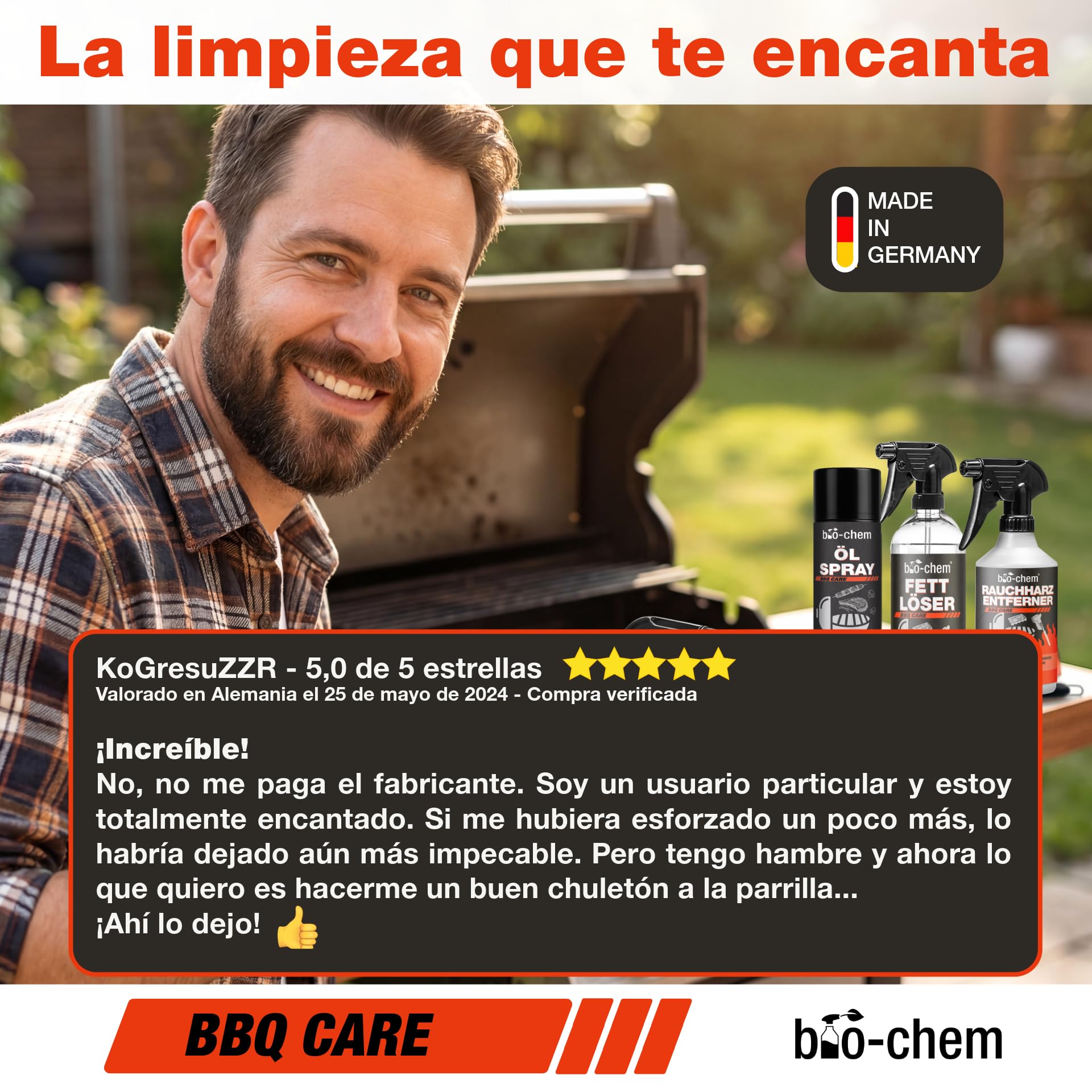 Bio-Chem - Decapante resina quemaduras 500ml - Limpiador superficies barbacoas 750ml - spray pulverizador de aceite 100ml apto para AirFryer - Con cepillo y esponja - Profi Set 5 productos | Con desengrasante, eliminador de resina de humo, spray de aceite