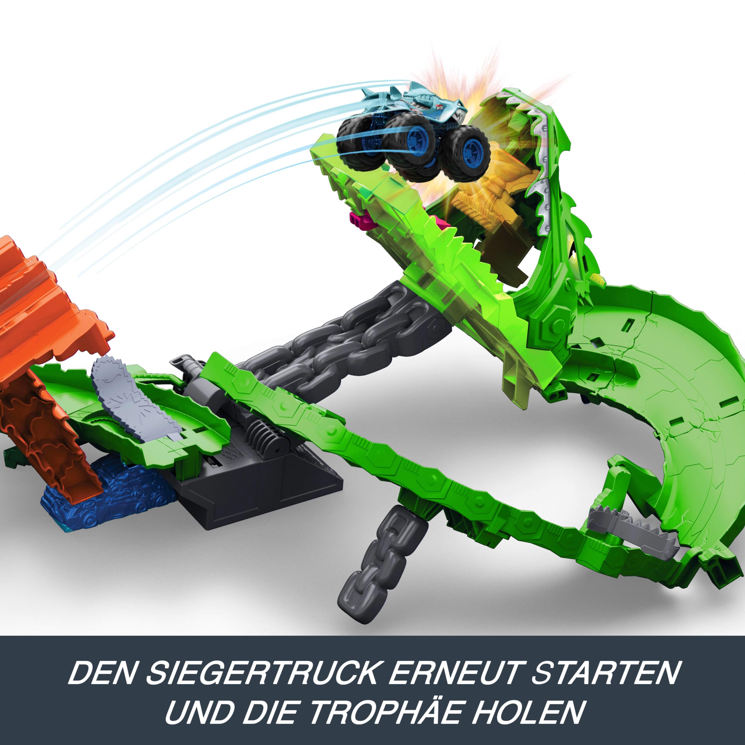 Hot Wheels Spielzeug Monster Trucks, Sharks vs. Dinos Drachenzerstörungs-Spielset mit riesigem Great Bite und Rageasaur im Maßstab 1:64, Rennspaß, um den Cyborg-Feind zu besiegen, JGB06