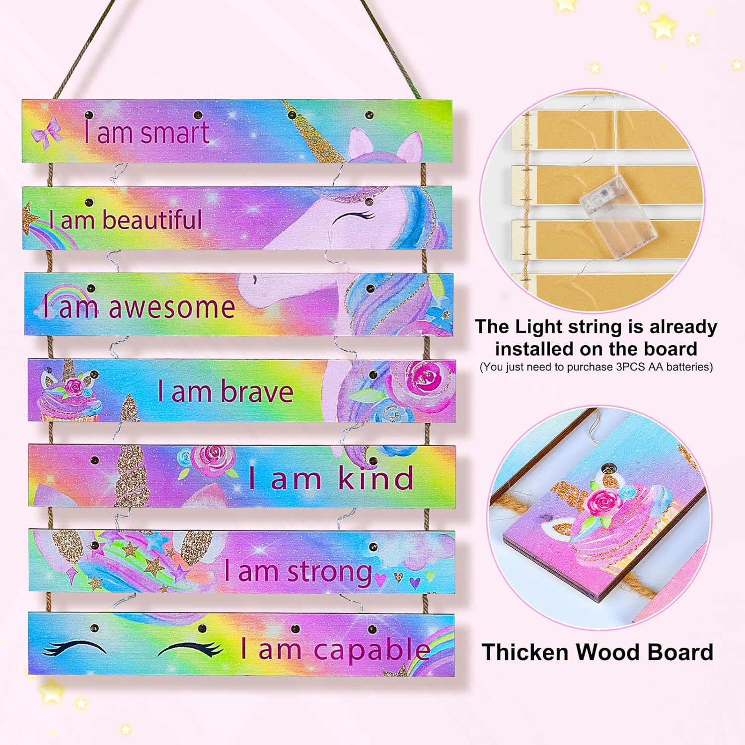 FIOBEE Girls Room Décor for Teen Girls Boys with LED Light Wall Decor for Bedroom Motivational Inspirational Wall Art Girl Room Decoration for Kids Studyroom, 8 Kinds of Lights, Rainbow Unicorn - Image 5