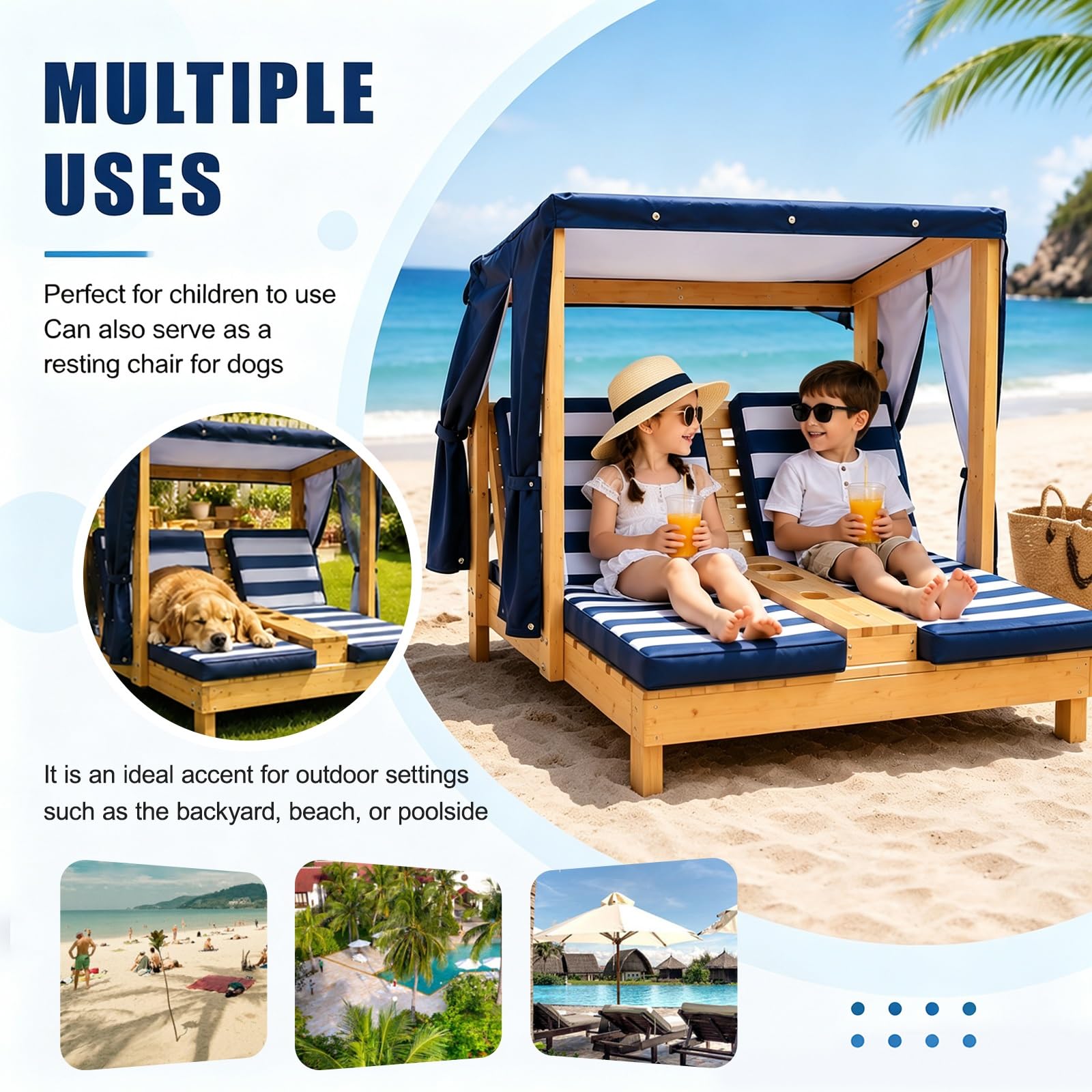 Sdraio Doppia per Bambini con Cuscino & Parasole Integrato | Lettino Da Giardino Per Bambini in Legno, Sdraio per Spiaggia & Balcone & Bordo Piscina(Blue)