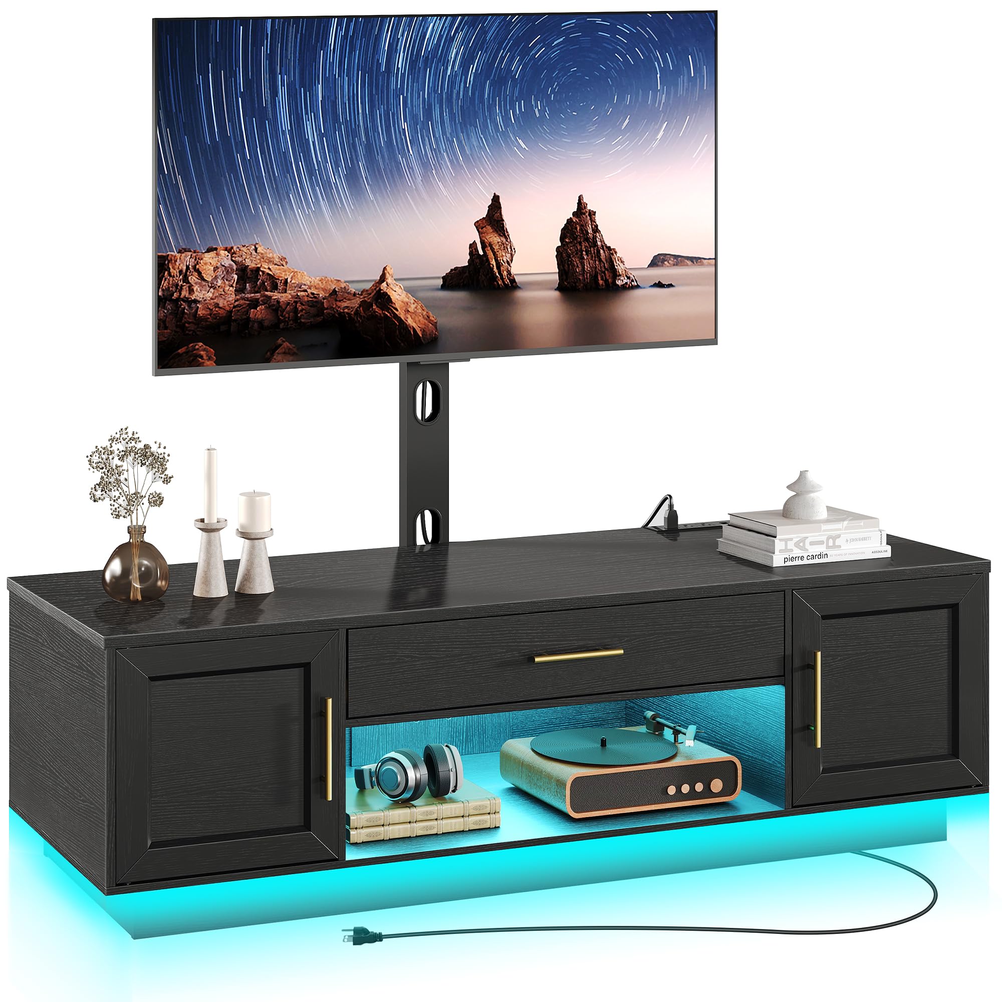 TV Stand with Mount Power Outlet 59.1", Swivel LED Entertainment Center for 32/45/55/60/65/75 inch TVs, Height Adjustable Modern Media Console Cabinet, TV Table for Living Room, Bedroom, Black