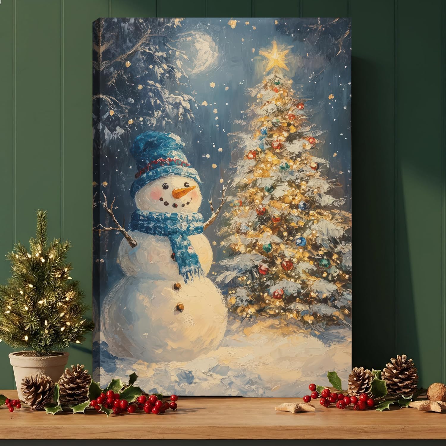 christmas tree canvas wall art winter snowman painting poster christmas tree and snowman wall decor christmas picture for wall living room bathroom bedroom home decoration 16*24 in ( stretched canvas on a wooden frame) tree snowman art wrapped canvas 24"l x 16"w