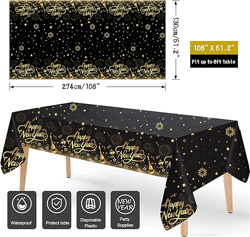 Miniatura 2 de HOWAF Paquete de 3 manteles de decoración de fiesta de Año Nuevo, mantel de feliz año nuevo negro y dorado para suministros de fiesta de Año Nuevo,