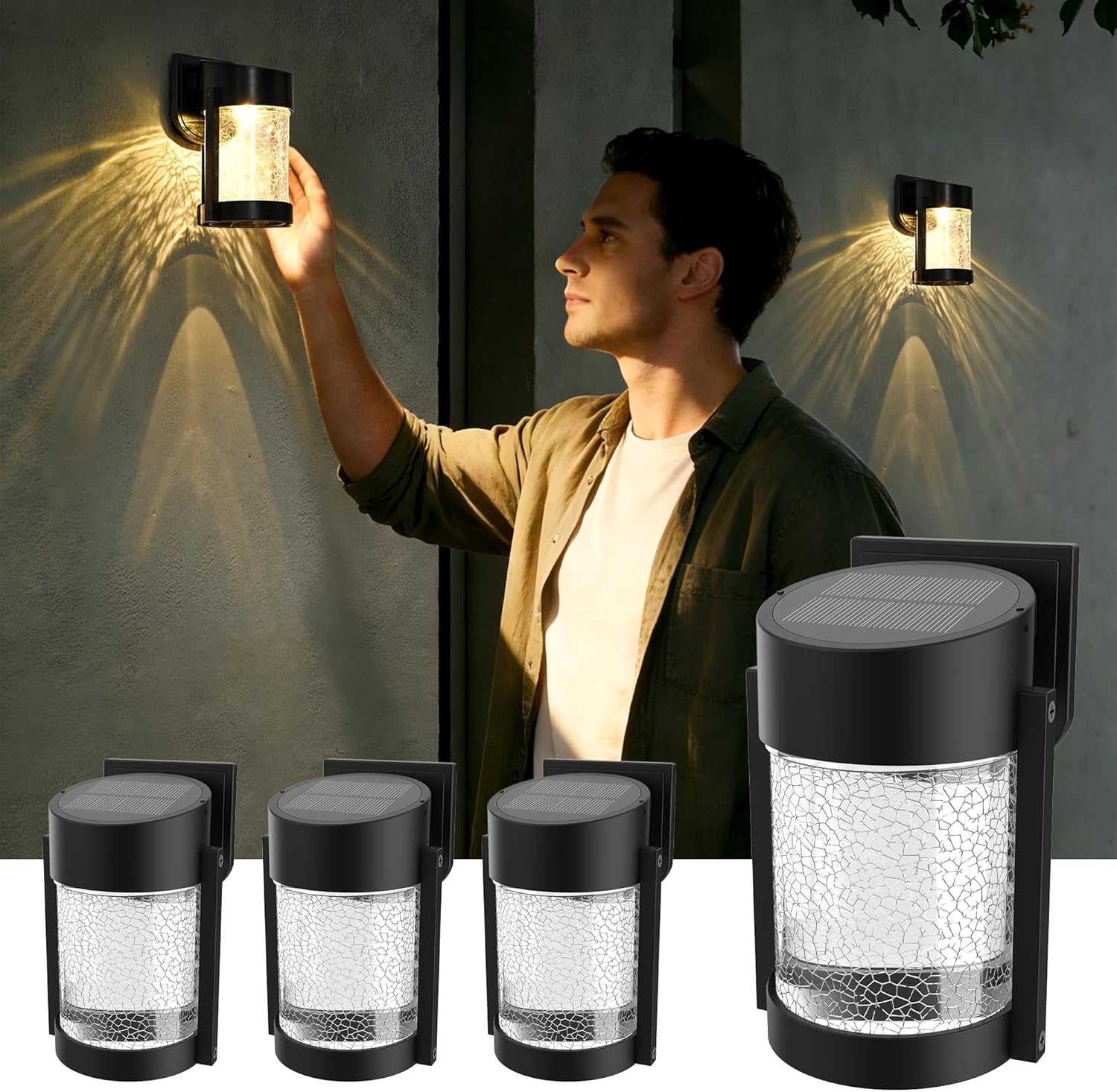 PEVOROS 4 Pack Solar Fence Lights Outdoor, Crackled Glass Wall Light for Porch, Fence, Shed, Barn, Patio, Glass Crackle Lampshade with Warm LED Light