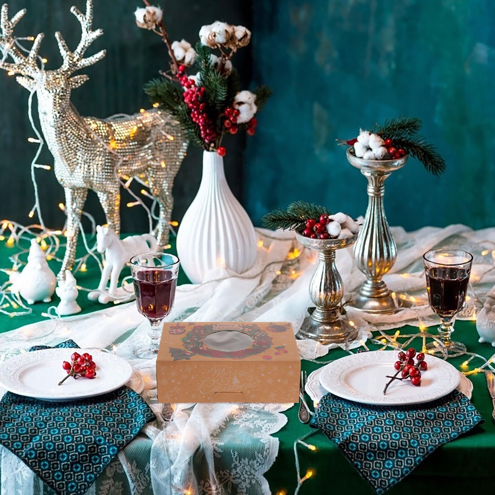 Scatole per Torte di Natale Grandi da 12 Pezzi Contenitori per Dolci Design Natalizio Scatole da Forno Resistenti in Bianco e Carta Kraft per Pasticcerie e Confezionamento