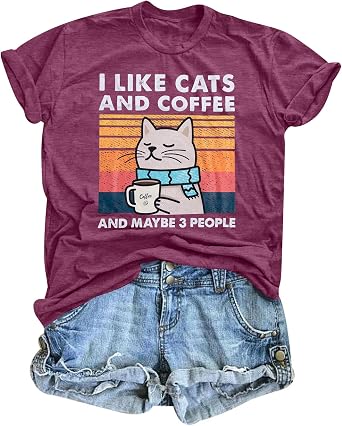 Cat Shirt Women Funny Cat Lover Shirts Retro Coffee Lover Gift Tee