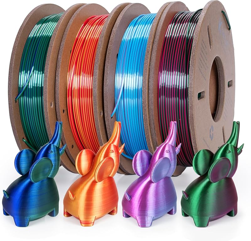 Kretrum Silk Dual Color 3D Printer Filament Bundle, 1.75 mm Color Changing PLA Bundle, 4 Spools 250g Each (Rose & Blue, Red & Gold, Violet & Green, Blue & Green)