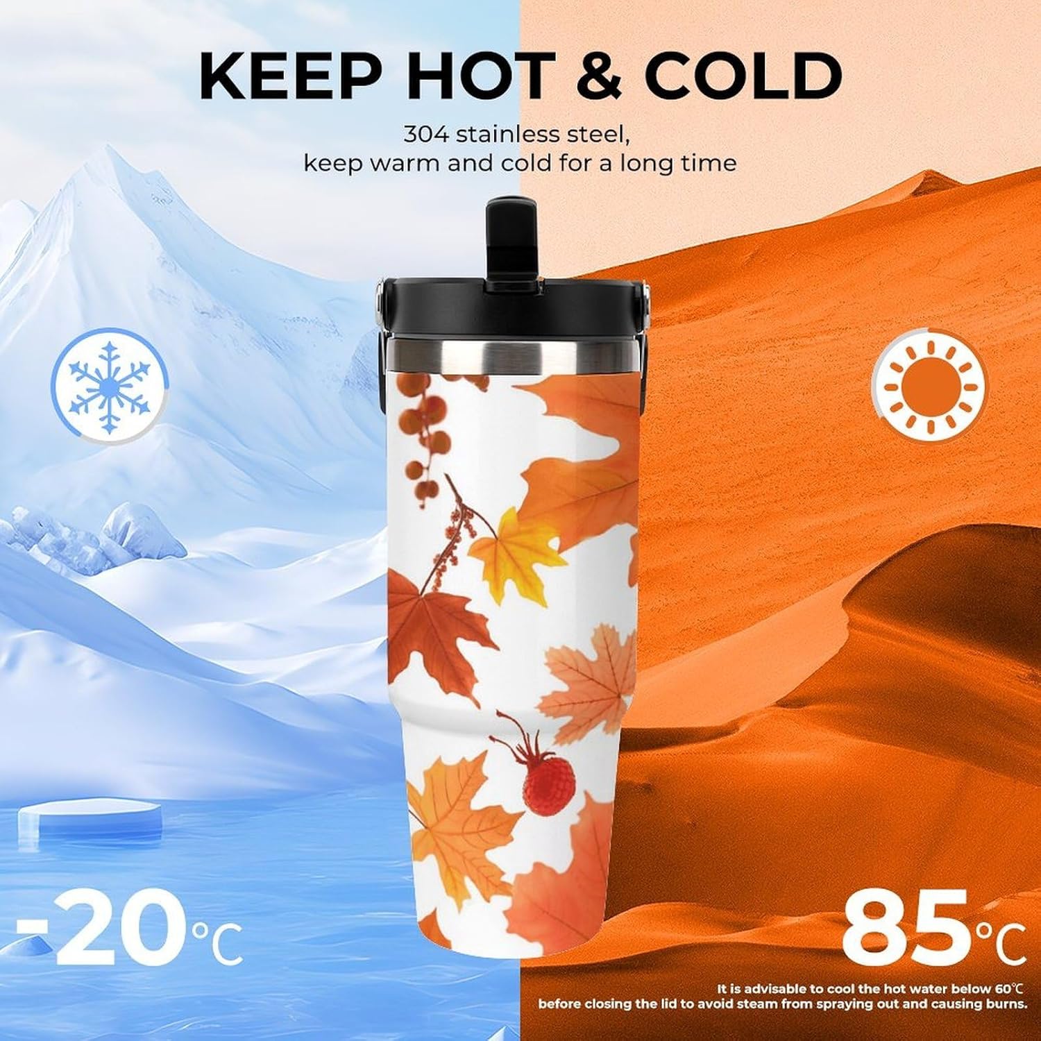 Autumn Maple Leaves Water Bottle 30 Oz Fits Car Cup Holder,Insulated Coffee Mug Large Capacity Car Cups,Stainless Steel Double Wall Sport Bottle for Travel Sports Gym