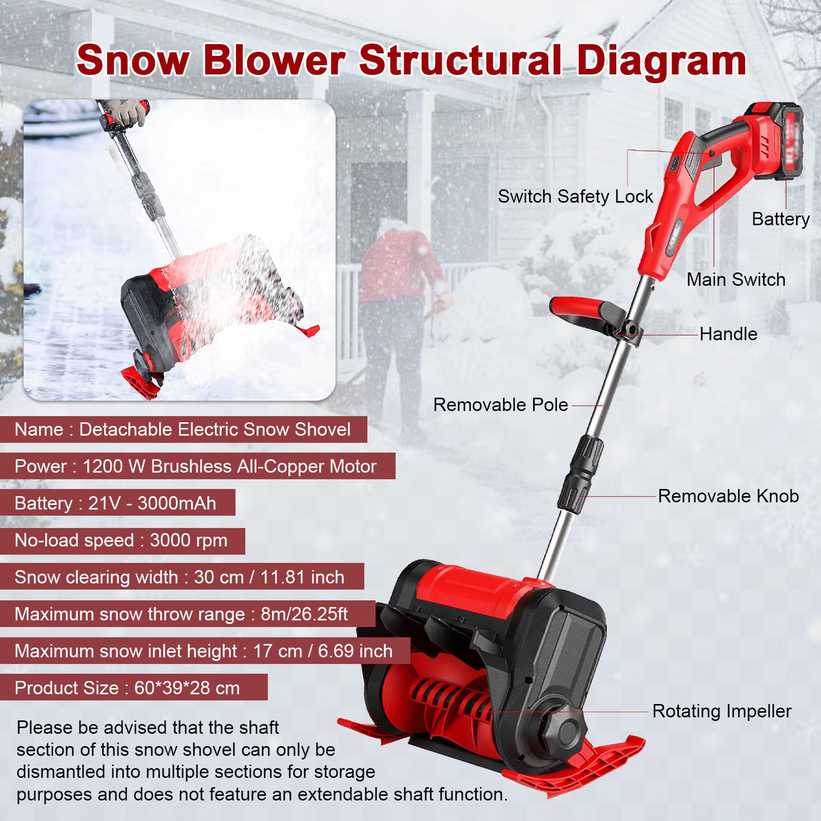 Spazzaneve Elettrico A Batteria, Pala Da Neve Senza Spazzole, Larghezza Di Pulizia Fino A 30cm,Spazzaneve Con Regolazione In 3 Direzioni,Per Proprietà, Fabbrica/Cortile Blue-2batteries