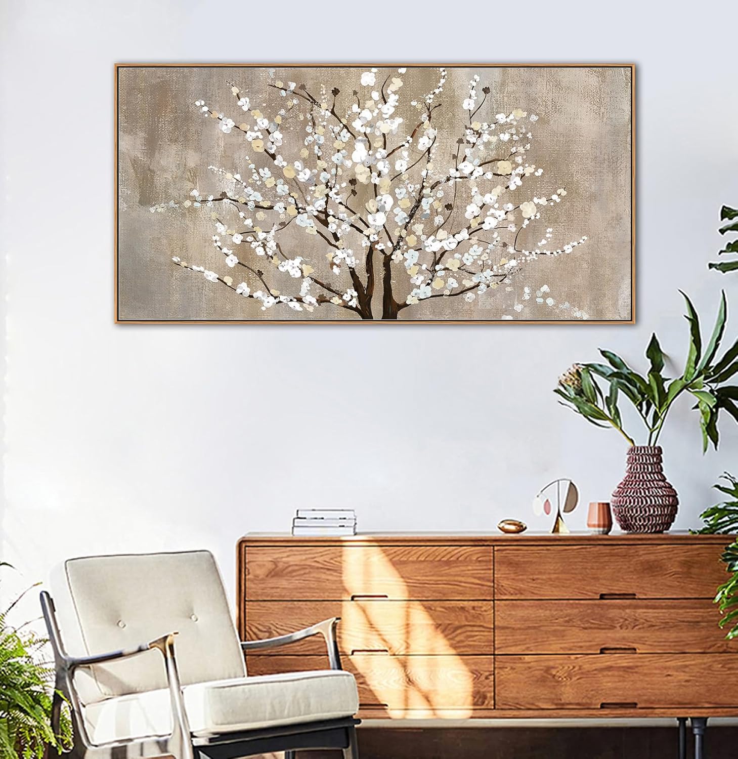 arteWOODS Framed Canvas Wall Art Plum Blossom Flowers Canvas Pictures for Living Room Bedroom Wall Decor Abstract Elegant Floral Canvas Art Prints Artwork Home Office Wall Decoration 29" x 58" Natural