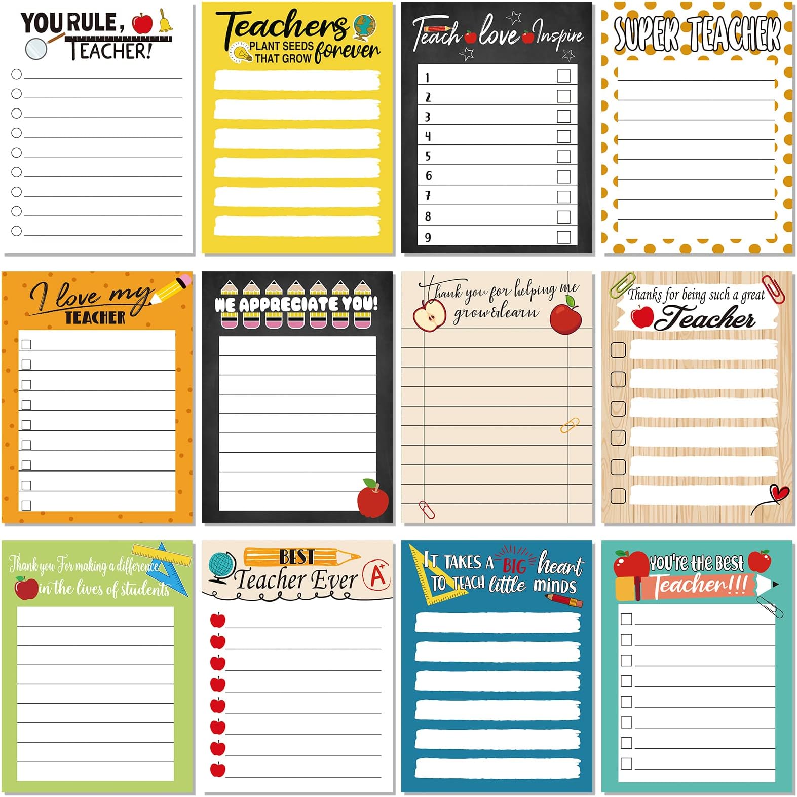 12 Pcs Teacher Appreciation Notepad Gift Sets Lined Notepads Teacher to Do List Memo Notepads for Present Colored Cute Sticky Paper Notes Organizer Supplies(Cute Style)