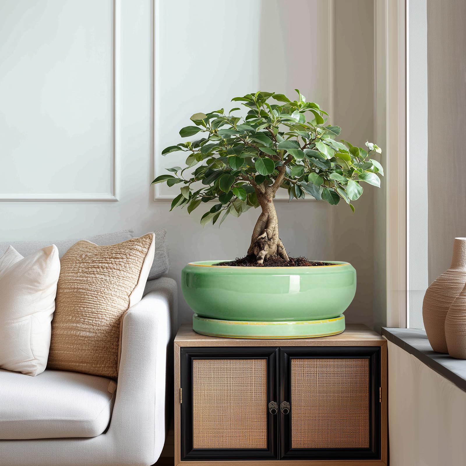 Große Bonsai-Töpfe - 13 Zoll Keramik-Sukkulenten-Töpfe für Innen Außen, Keramik-Pflanzgefäß mit Ablaufloch und Untersetzer, flacher runder Pflanztopf, Gartendekor, Geschenke für Frauen Männer