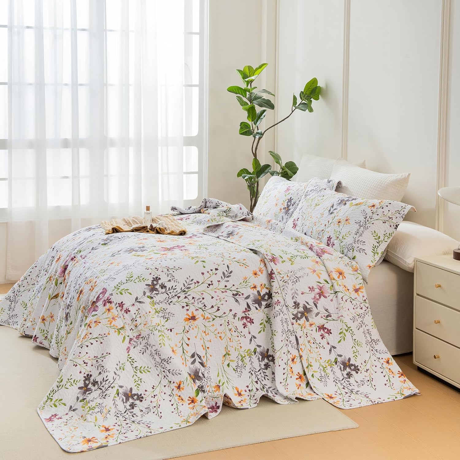 Sanracie Oversized King Bedspread(128"x120"),100% Cotton Floral Quilt Set Extra Wide 3Pcs Lightweight Summer Yellow Wild Flower Botanical Printed Pattern Bedding Coverlet California King Size - Image 2