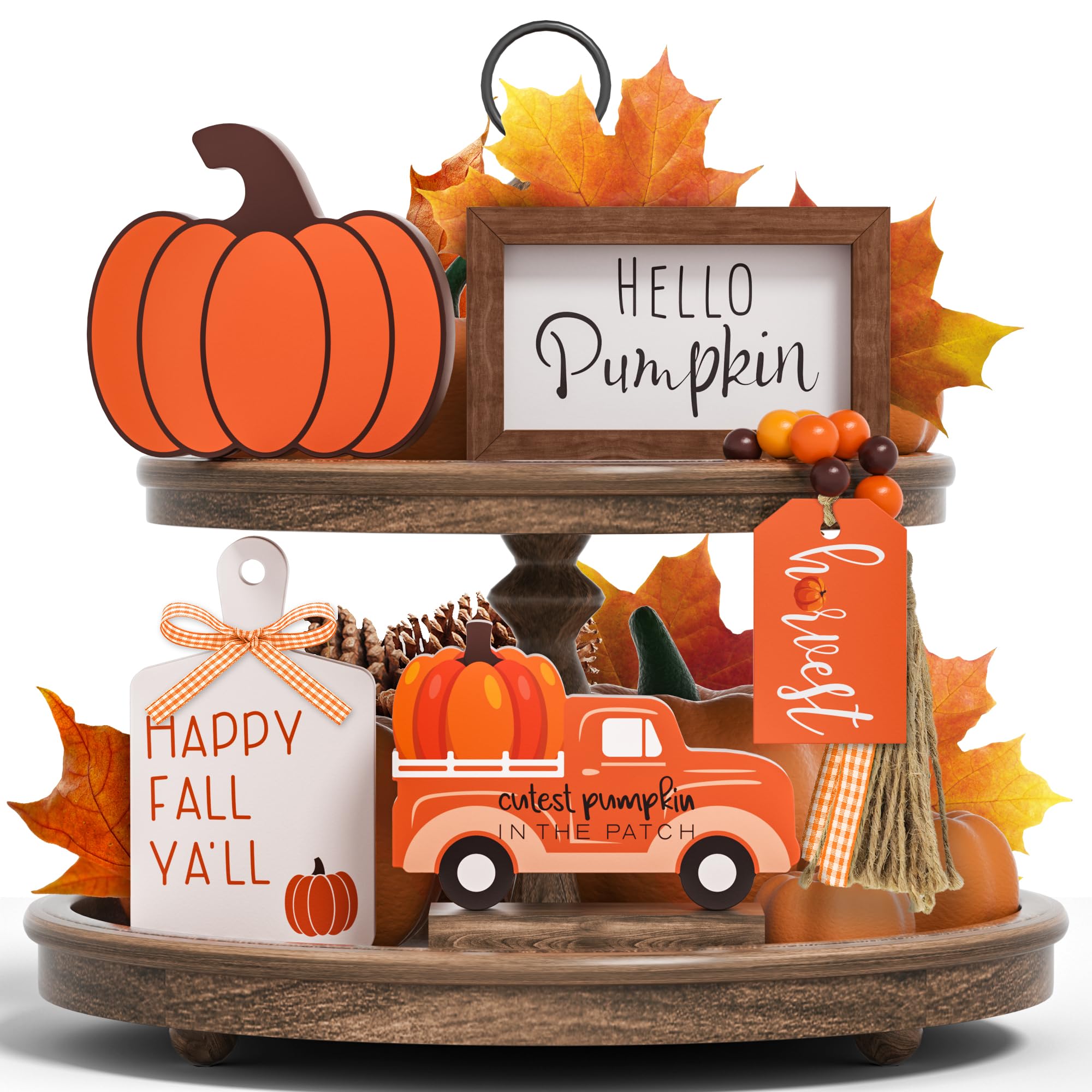 Fall Tiered Tray Decor Set - 5 Pcs Pumpkin Wooden Signs Fall Decor Bead Garland, Fall Decorations for Home Kitchen Table Party Decorations